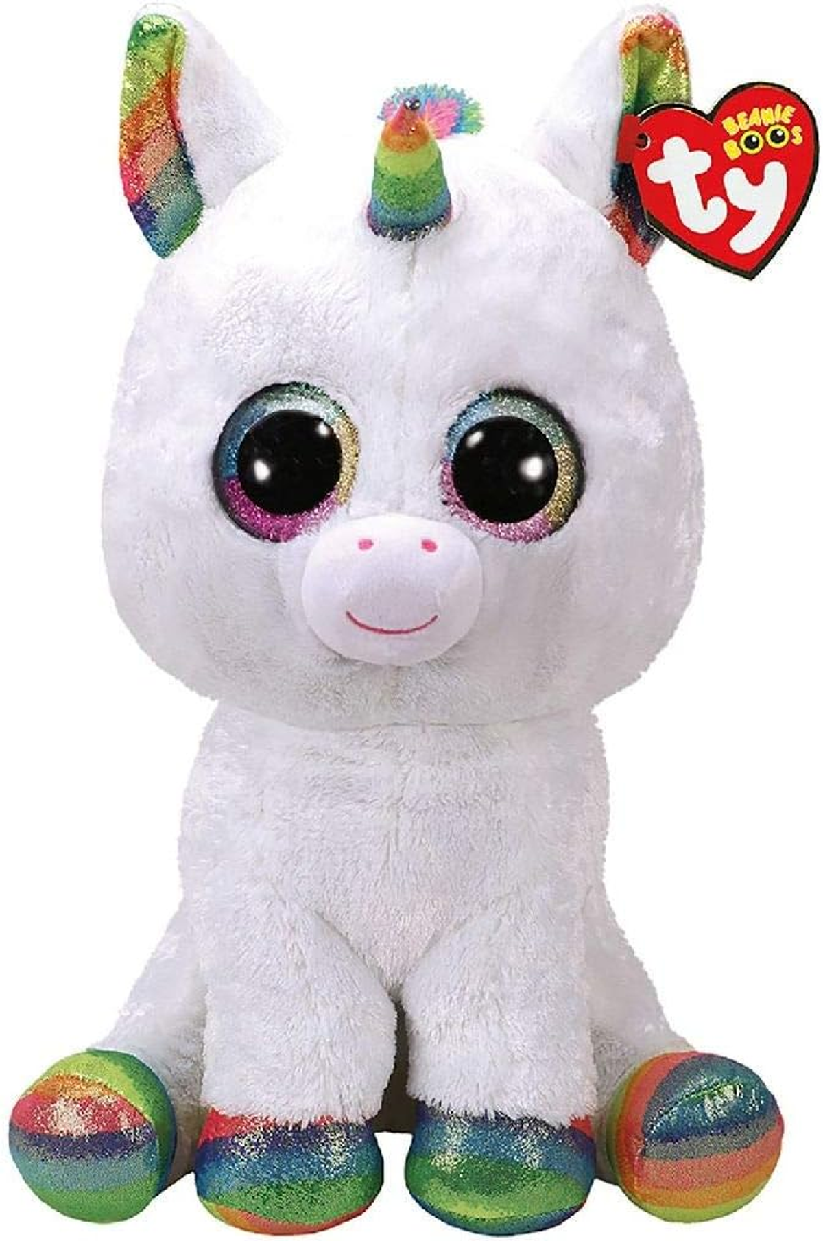 Ein weißes TY Beanie Boos Einhorn-Plüschtier mit Regenbogenmähne, Horn und Füßen.