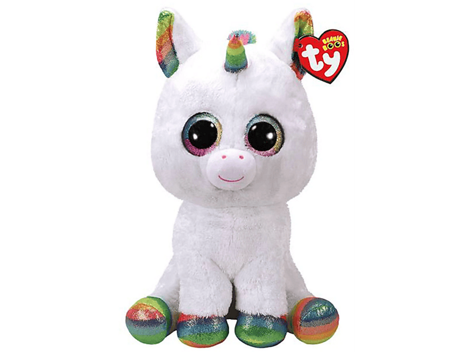 Weißes Einhorn-Spielzeug mit Regenbogenmähne, -schwanz und -füßen.