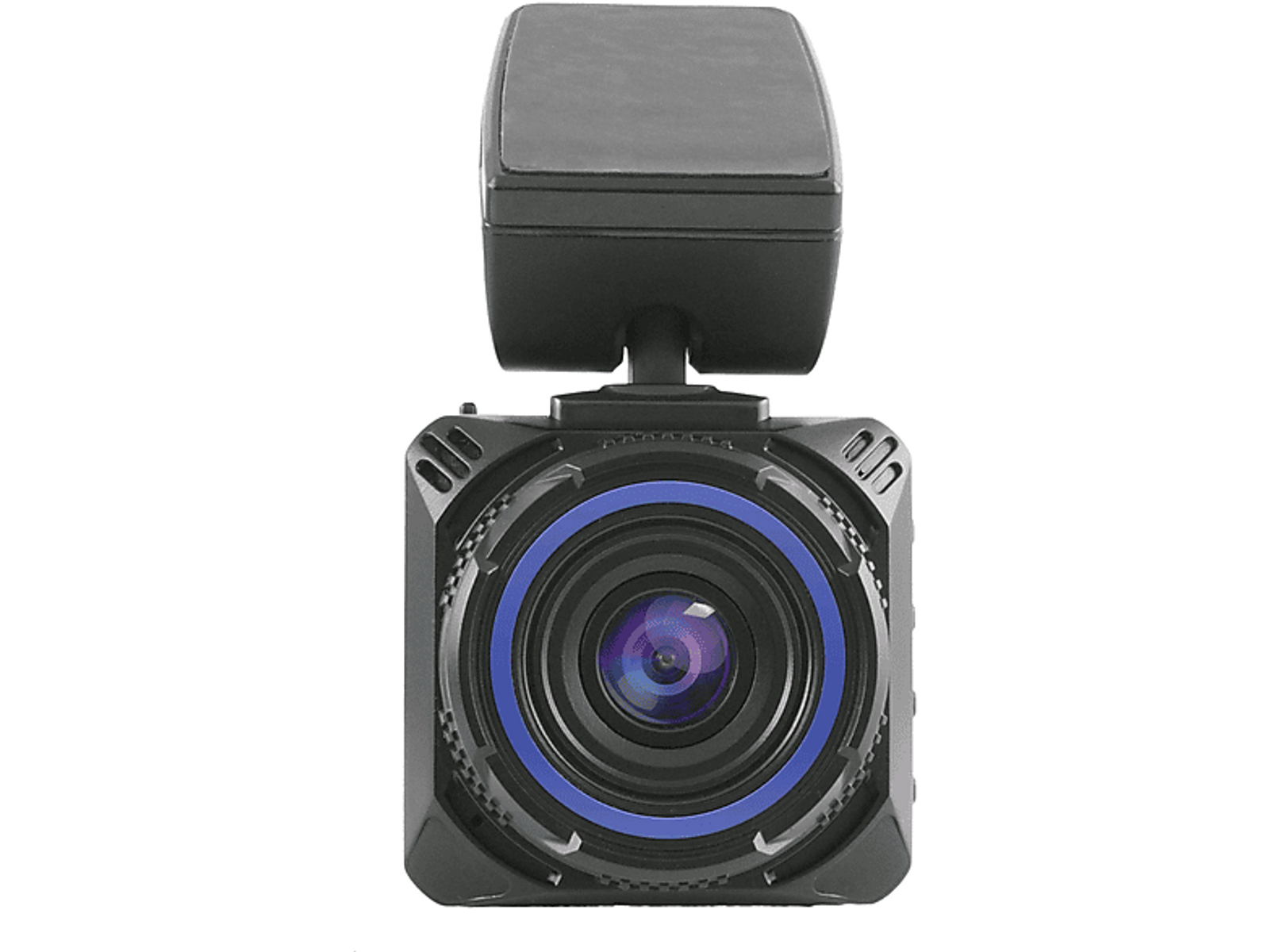 Nahaufnahme einer schwarzen Dashcam mit blauem Ring um die Linse. Schwarze Box oben.