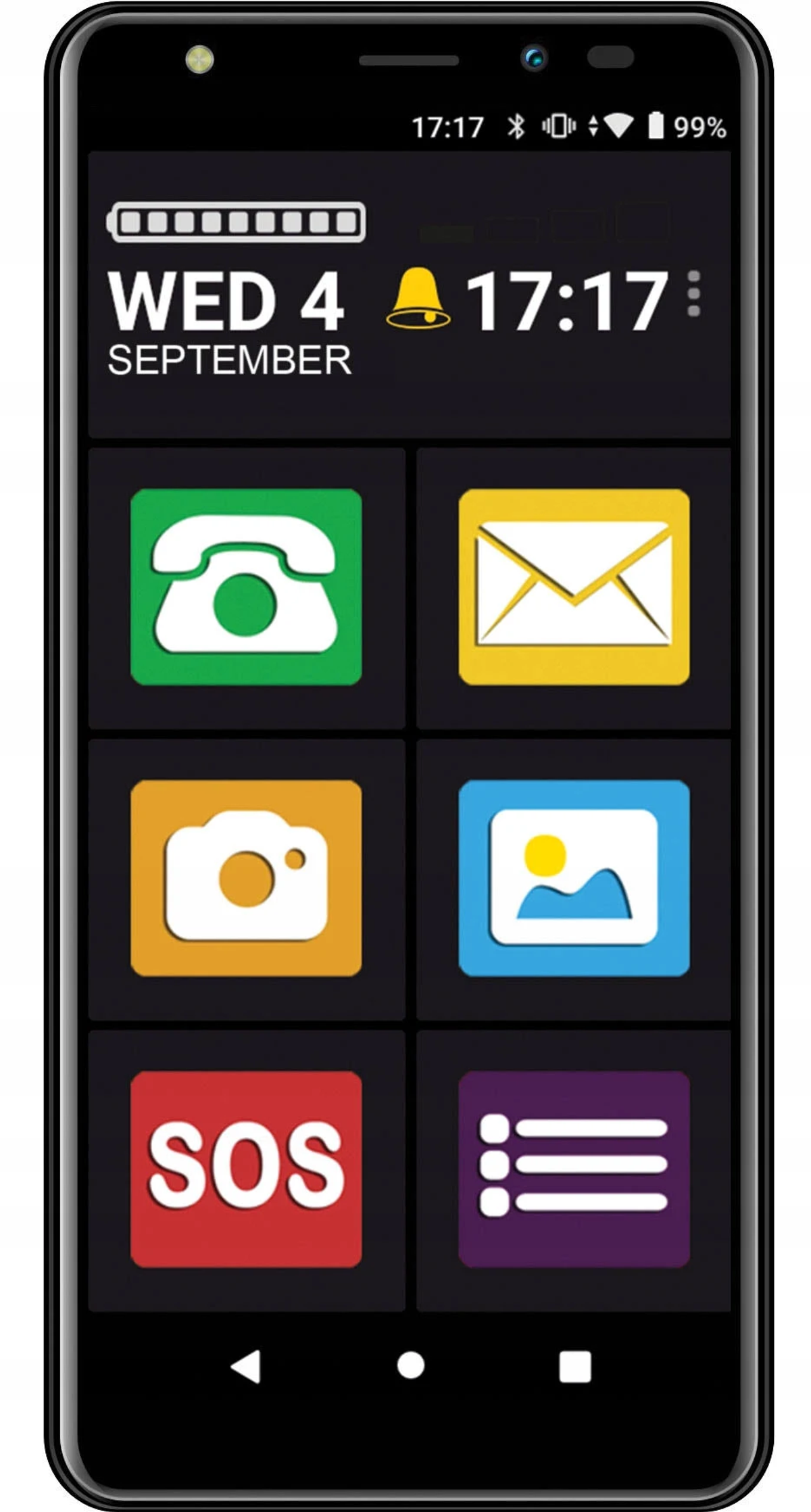 Ein Smartphone, das eine Oberfläche mit großen Knöpfen anzeigt, mit Uhrzeit und Symbolen.