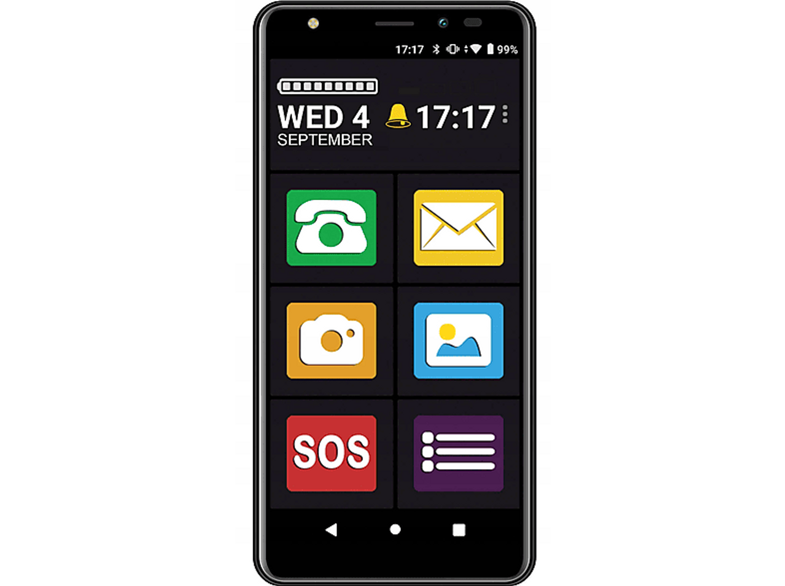 Smartphone mit einfacher Oberfläche, großen Symbolen und schwarzem Gehäuse. Schwarzer Hintergrund.