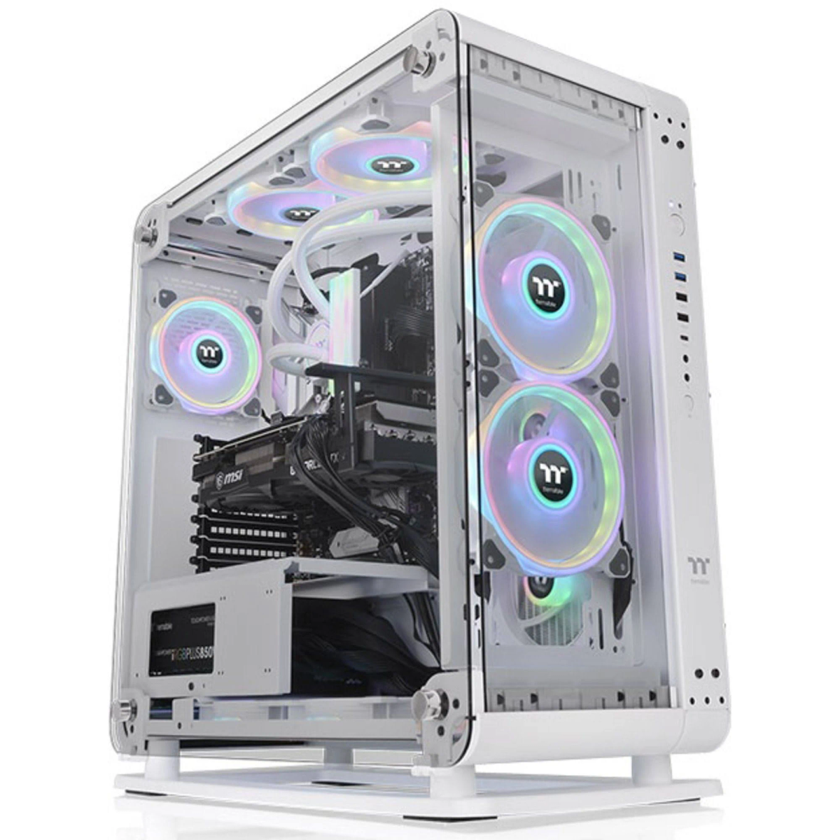 Case per computer bianco con lato trasparente. Ha diverse ventole colorate e componenti all'interno.