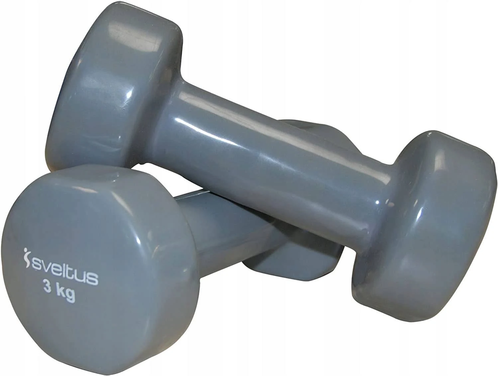 Due manubri grigi, marca Sveltus, da 3 kg ciascuno.