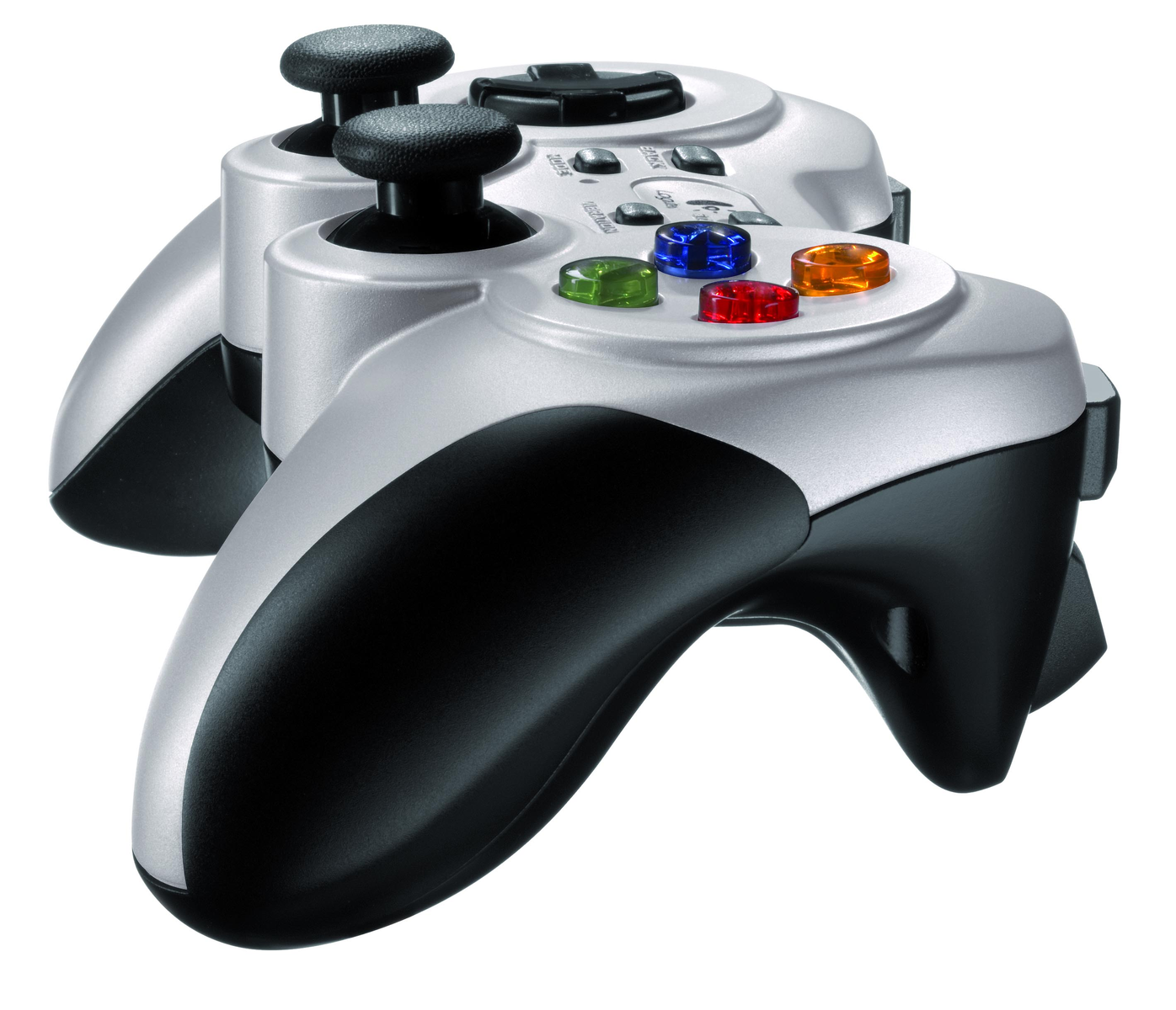 Srebrno-czarny kontroler do gier z kolorowymi przyciskami.