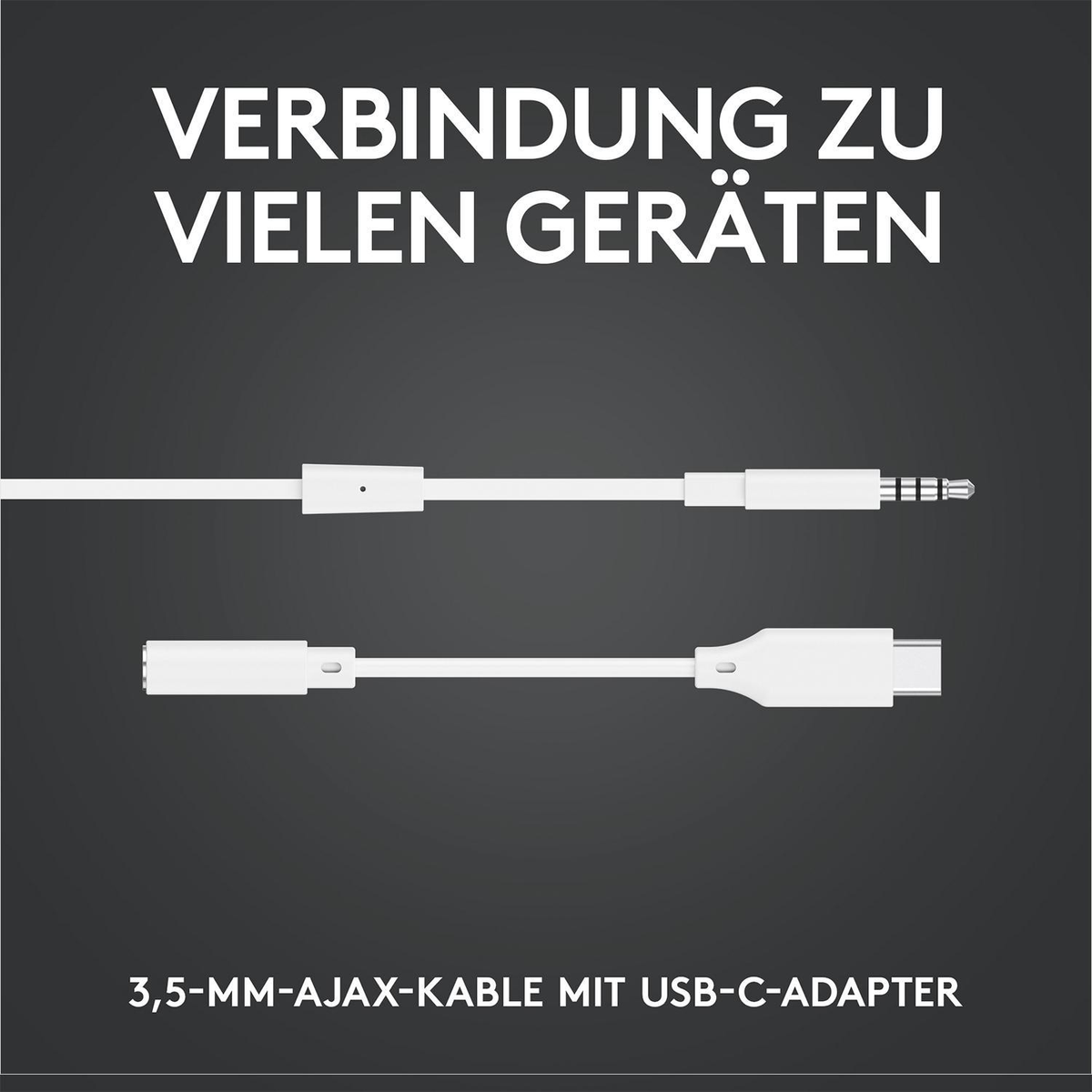 Białe kable: adapter 3,5 mm do USB-C. Tekst: połączenie z wieloma urządzeniami. Ciemne tło.