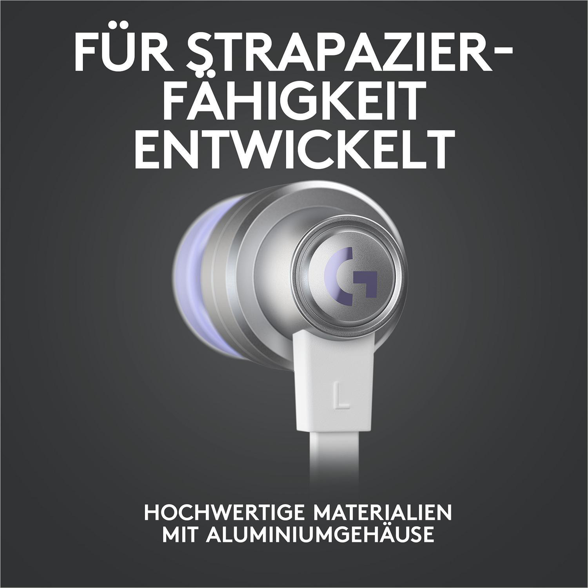 Zbliżenie słuchawki z literą 'G', z tekstem o trwałości.