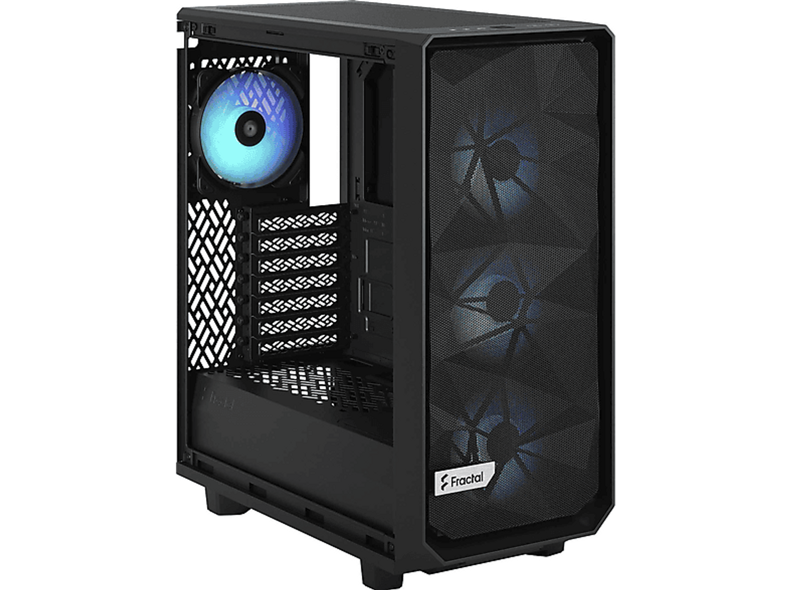 Case per computer nero con frontale a rete e pannello laterale trasparente, luci blu.