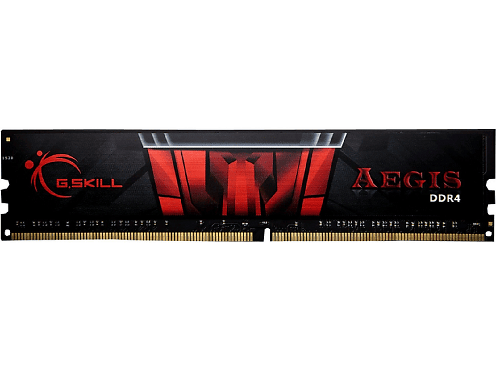 Czarny moduł RAM z czerwonymi akcentami. Marka to G.Skill. Czarne tło.