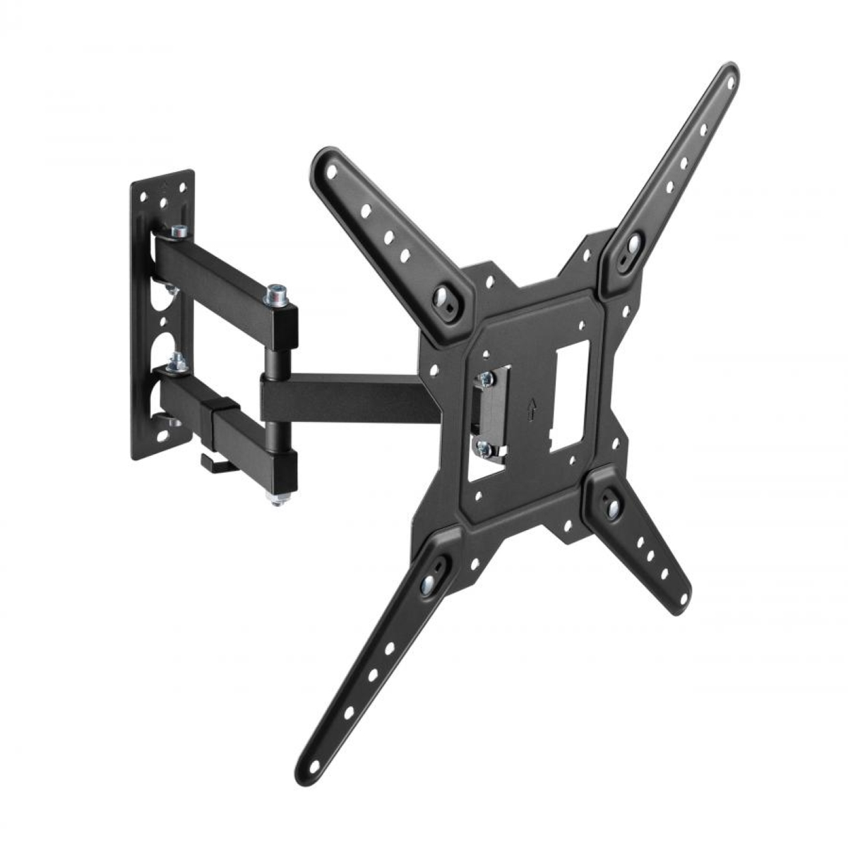 Schwarze TV-Wandhalterung. Es hat mehrere Arme und eine quadratische Montageplatte mit Löchern.