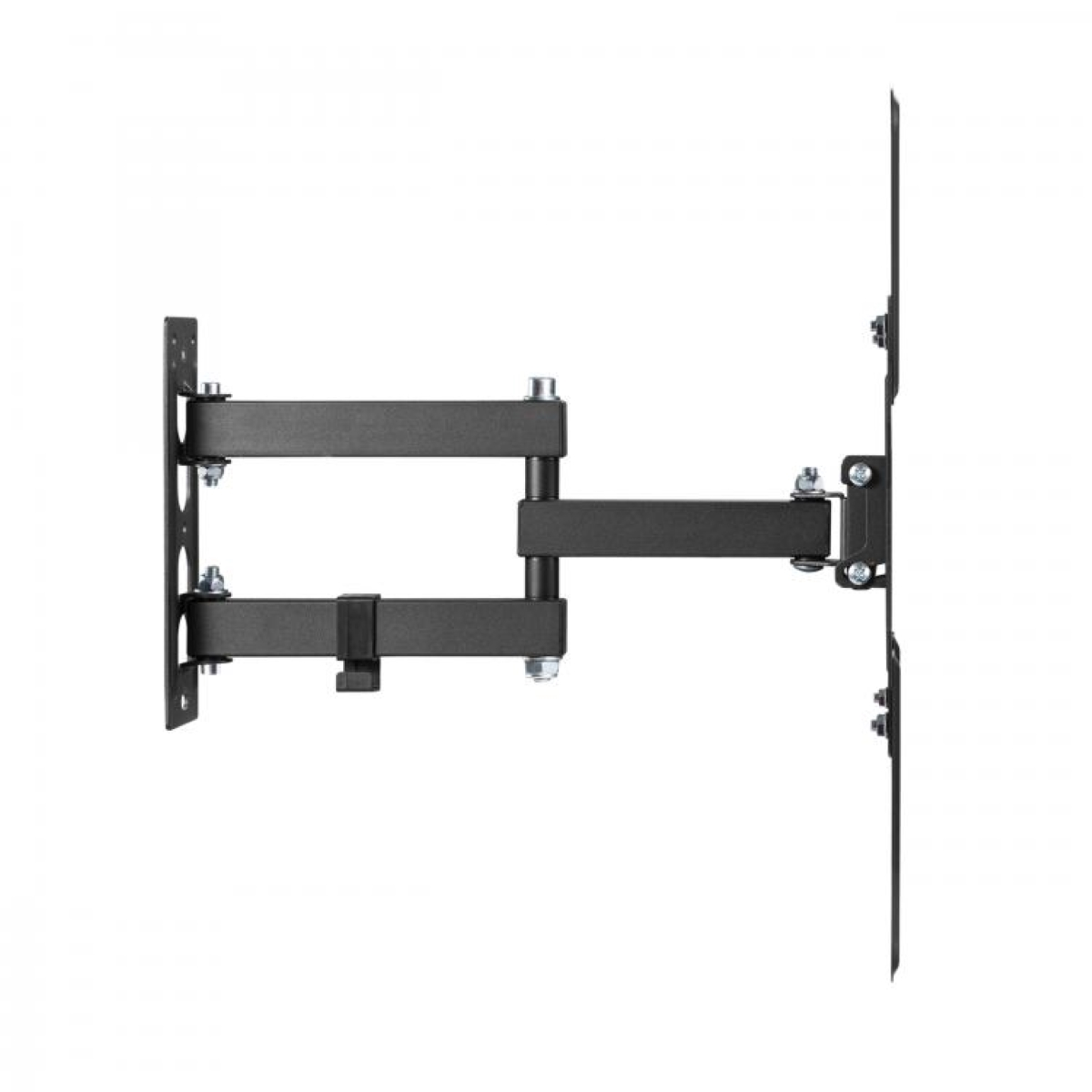 TV-Wandhalterung. Sie ist schwarz und hat mehrere Gelenke. Schrauben und Platten sind sichtbar.