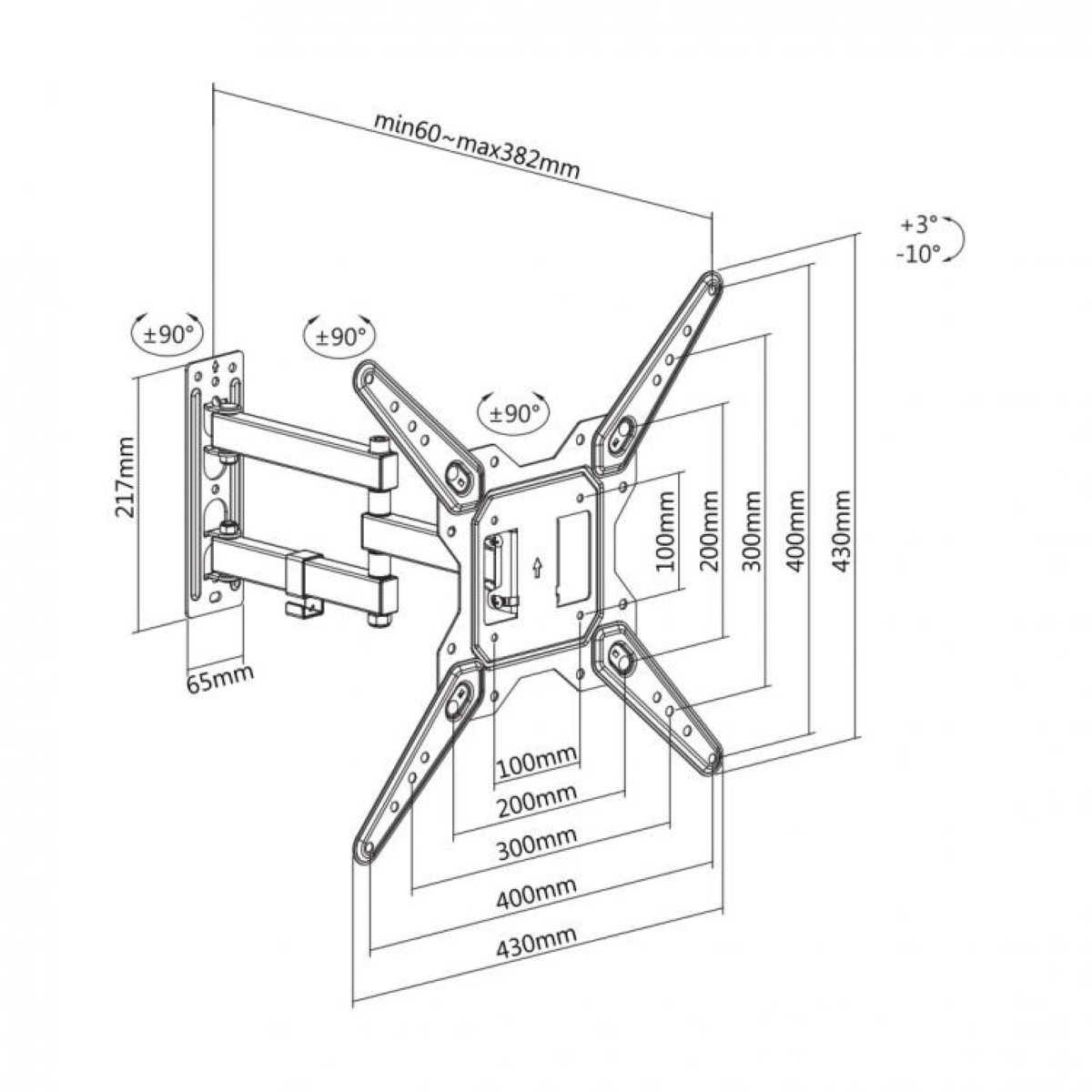 Ein Diagramm einer TV-Halterung. Es zeigt Abmessungen, Winkel und Maße für die Installation.