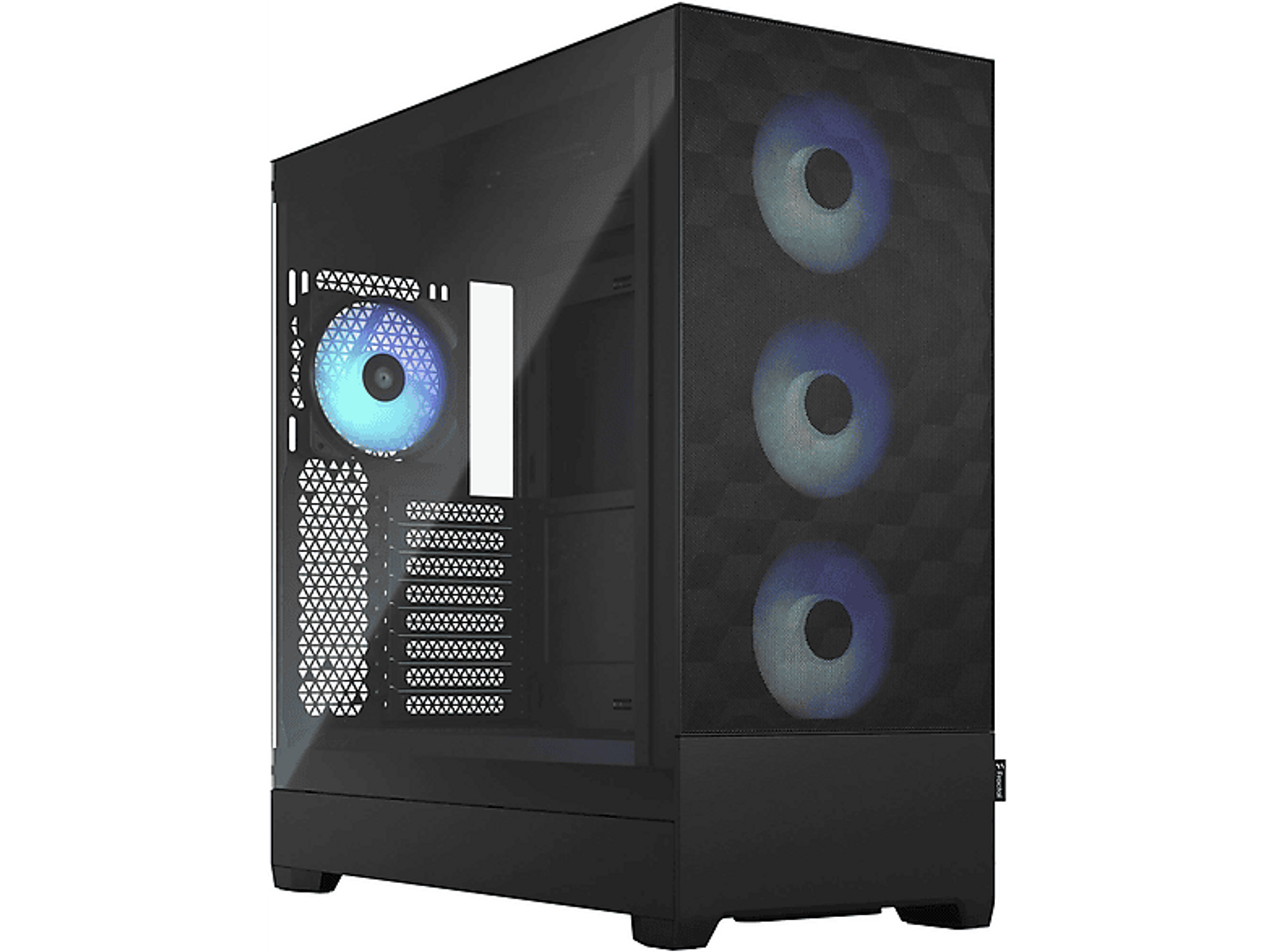 Czarna obudowa komputera z wentylatorami. Trzy wentylatory z niebieskim światłem i szklanym panelem bocznym.