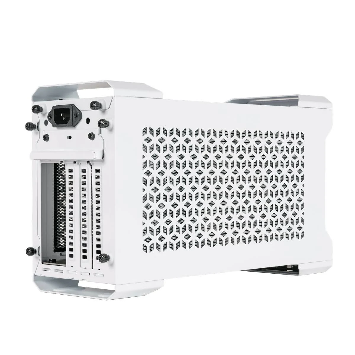 Un case per computer bianco con un pannello laterale aperto. Ha un motivo a nido d'ape e più porte e ventole.