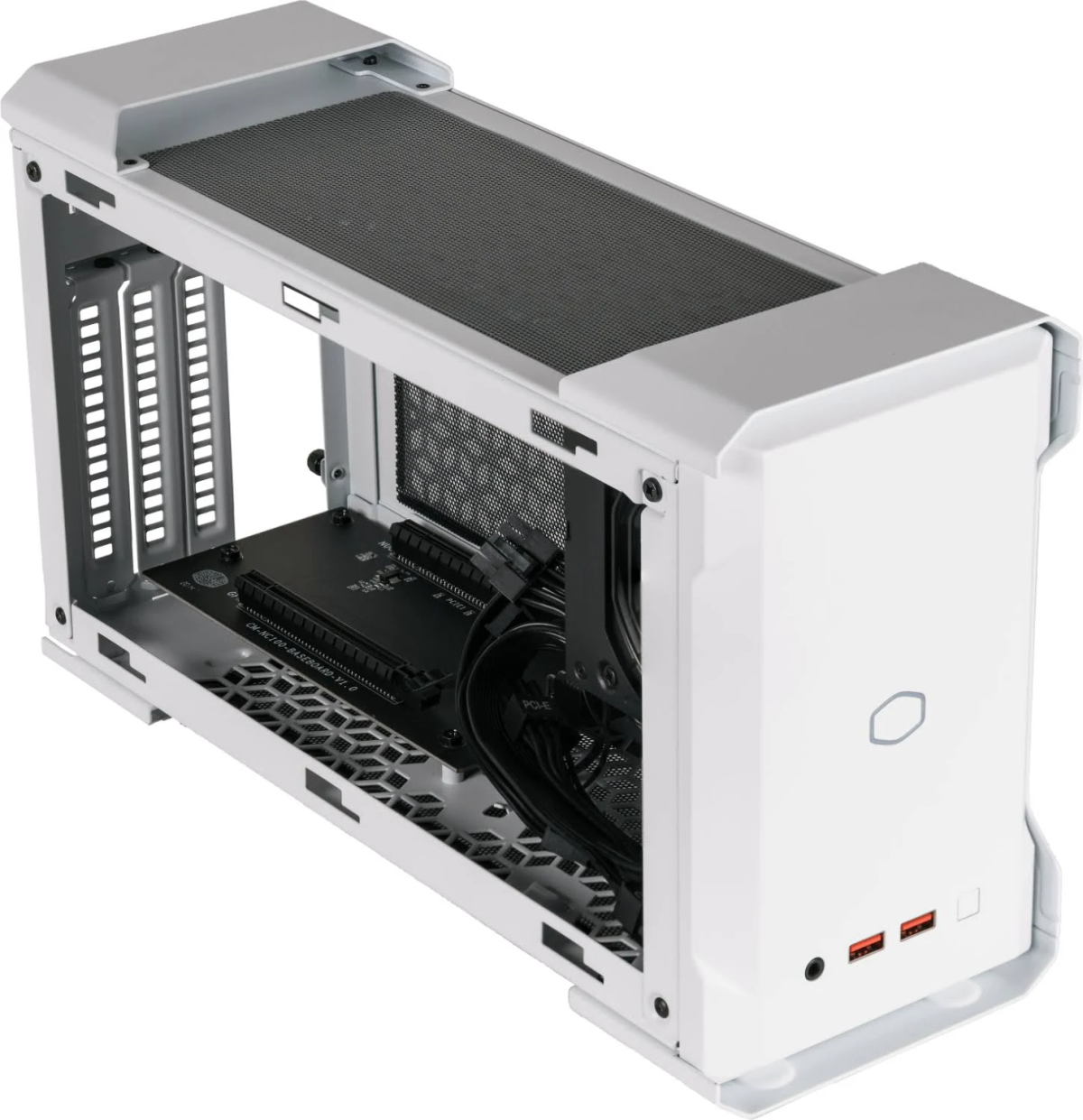 Case per computer bianco con interno nero, porte visibili e fori di ventilazione.