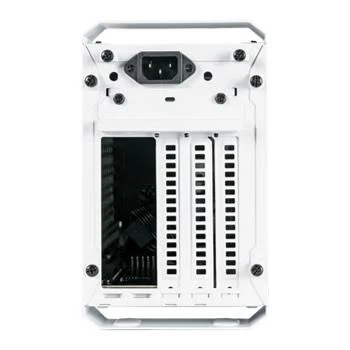 Il retro di un case per computer bianco. Porta di alimentazione e slot visibili.