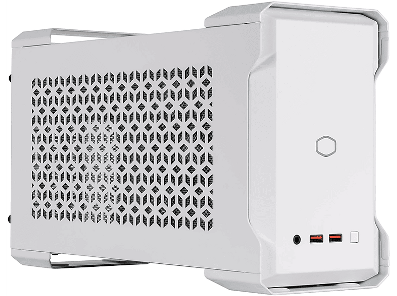 Un case per computer bianco con un design angolato unico. Ha una griglia frontale a motivi e porte nella parte anteriore.