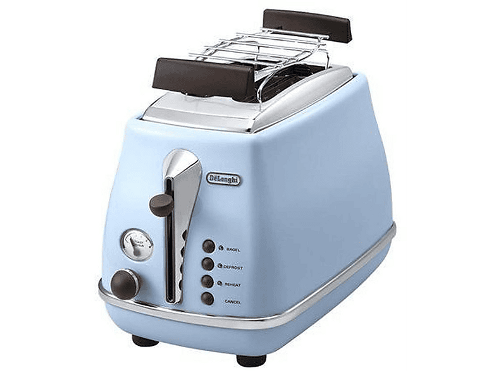 Un tostapane DeLonghi azzurro con parte superiore argentata e maniglie e pulsanti neri.