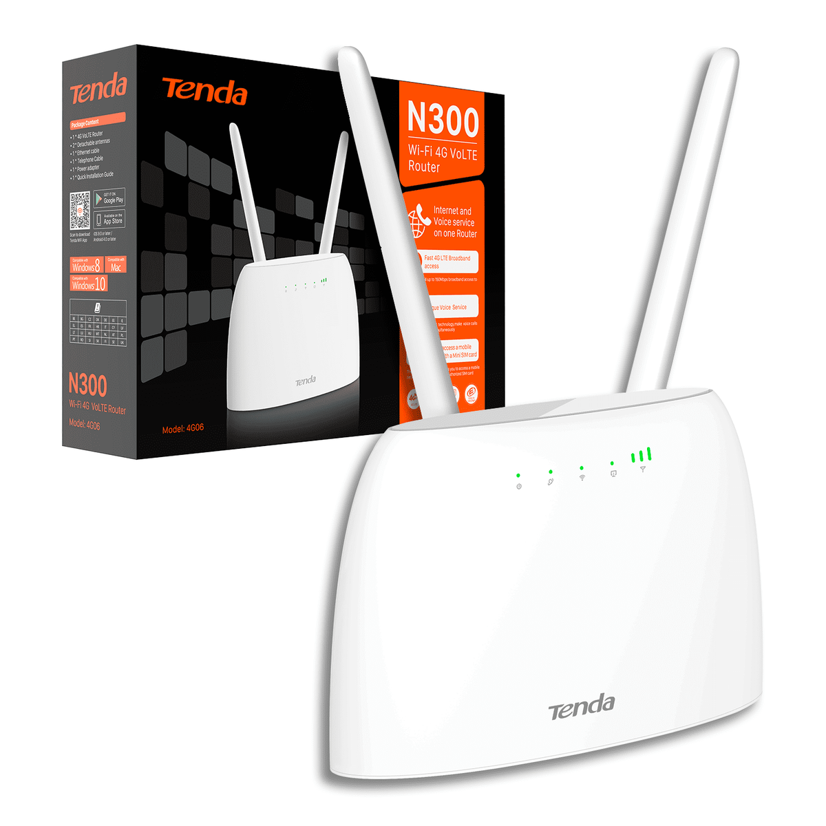 Biały router i pudełko. Tekst na pudełku: N300 Wi-Fi 4G VOLTE Router.