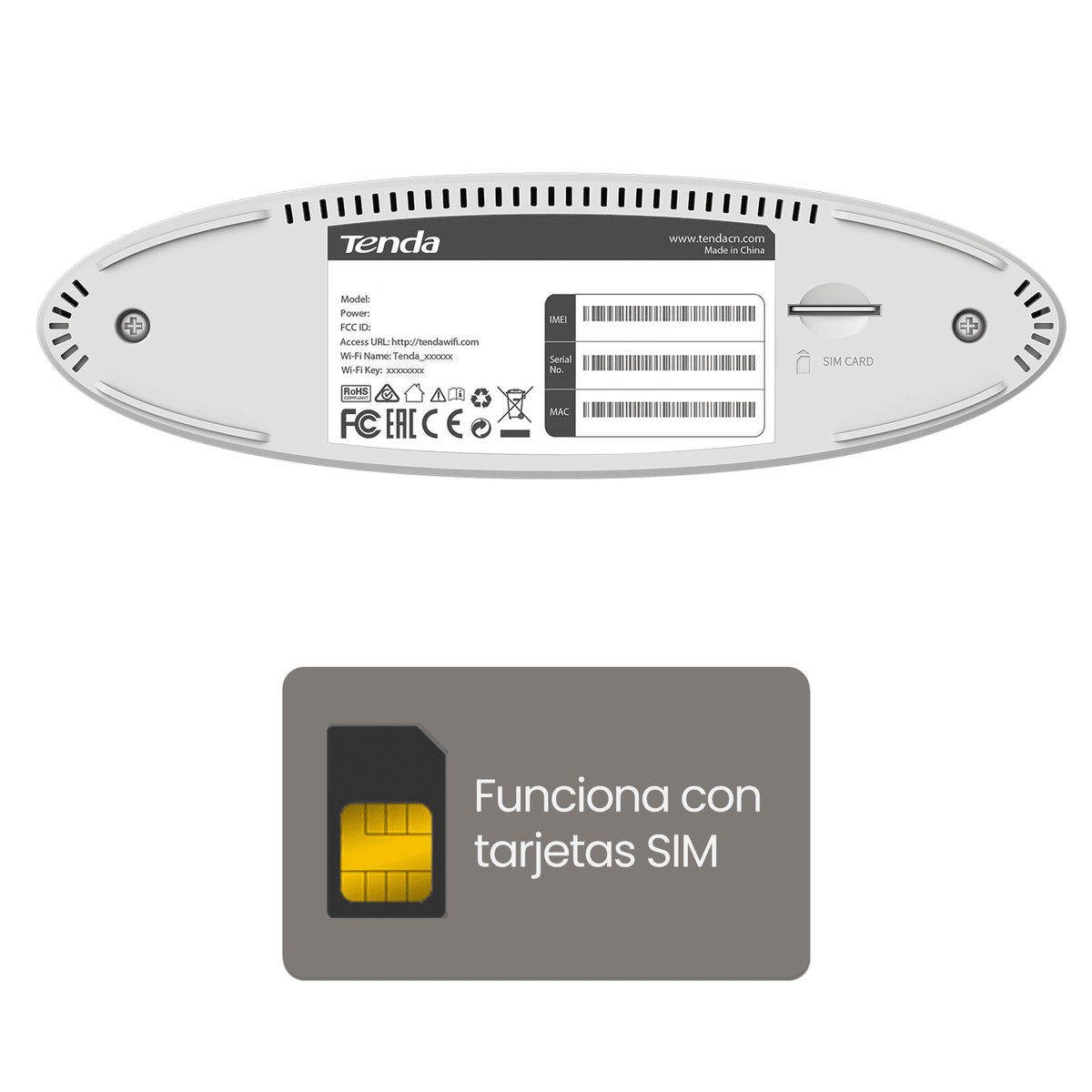 Spód białego routera Tenda. Naklejka z danymi i gniazdo karty SIM.