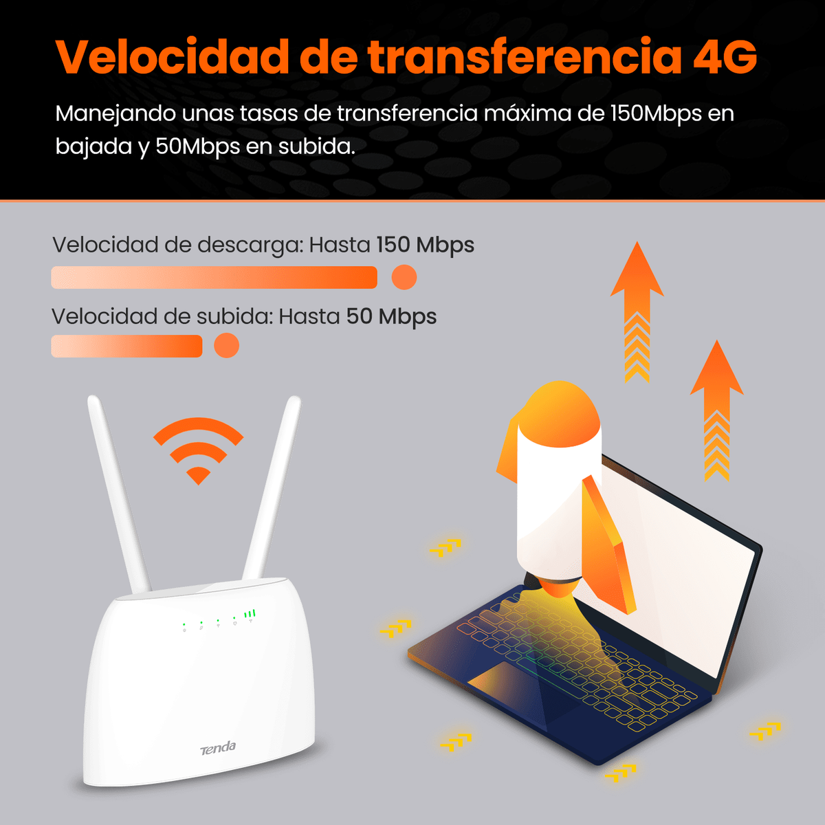 Router, laptop i grafika ilustrująca prędkości transferu danych 4G.