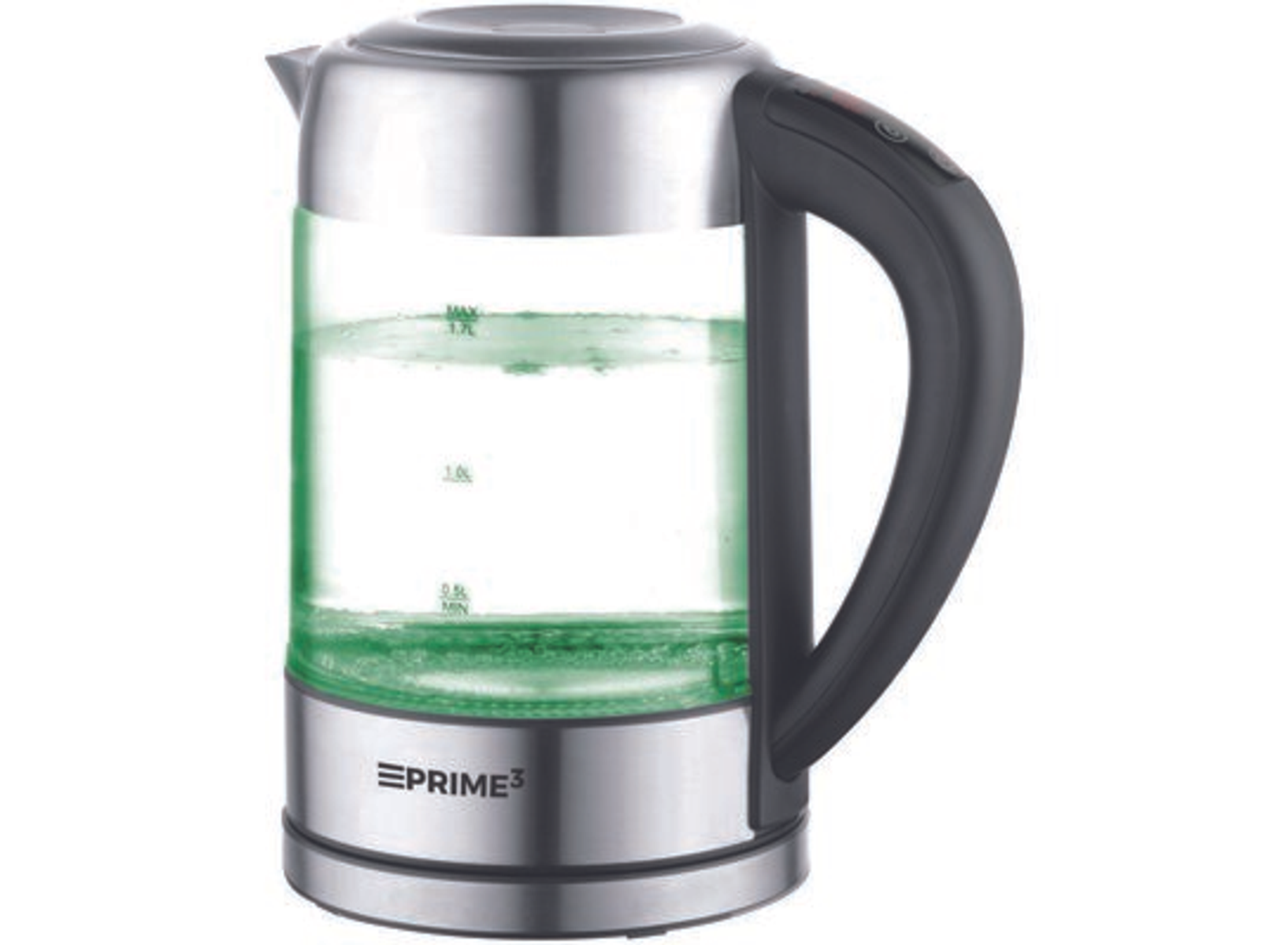 Ein silber-schwarzer Wasserkocher mit grüner Flüssigkeit gefüllt.
