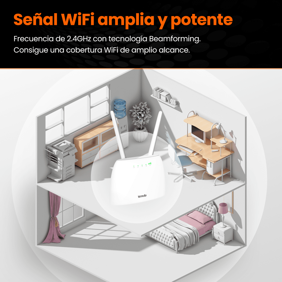 Router w domowym biurze z biurkiem, drukarką i łóżkiem w tle.