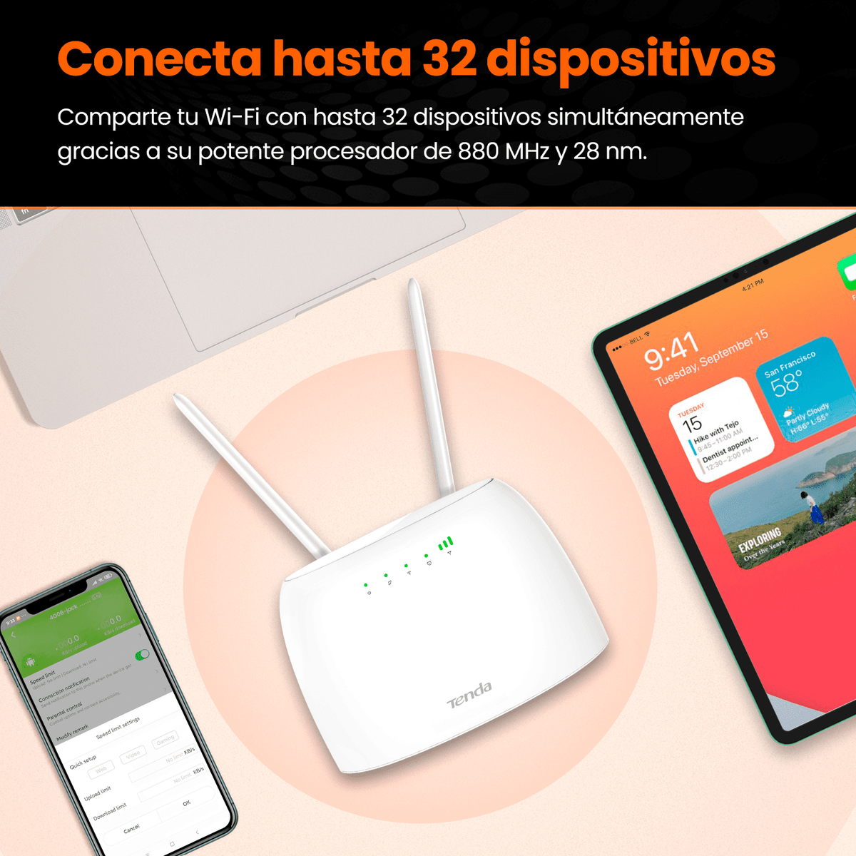 Biały router z antenami, laptop, tablet i telefon pokazujący ustawienia Wi-Fi. Nakładka tekstowa.