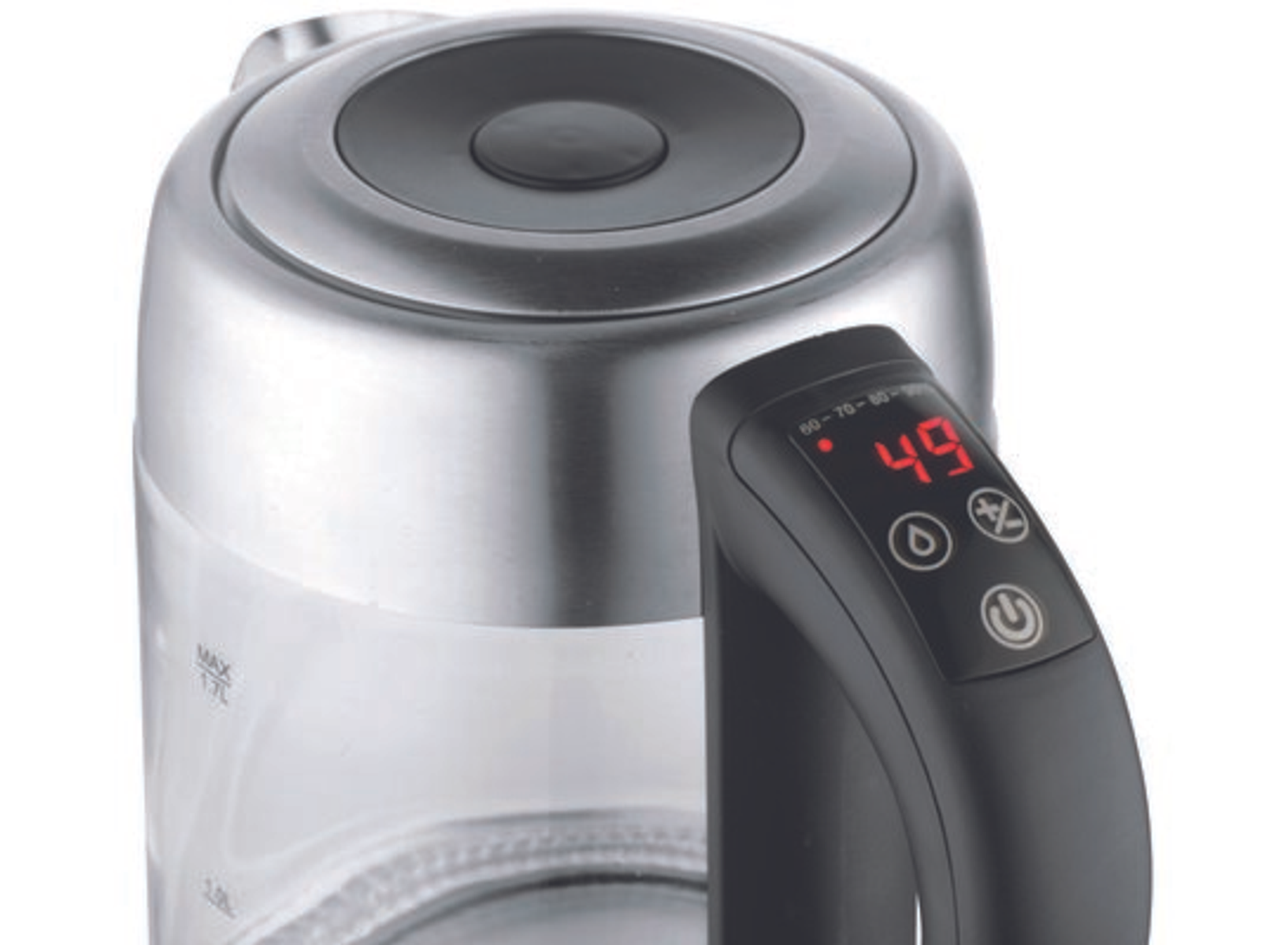 Ein elektrischer Glaskessel mit schwarzem Griff zeigt die Temperatur an. Die Wassertemperatur wird mit 49 Grad angezeigt.