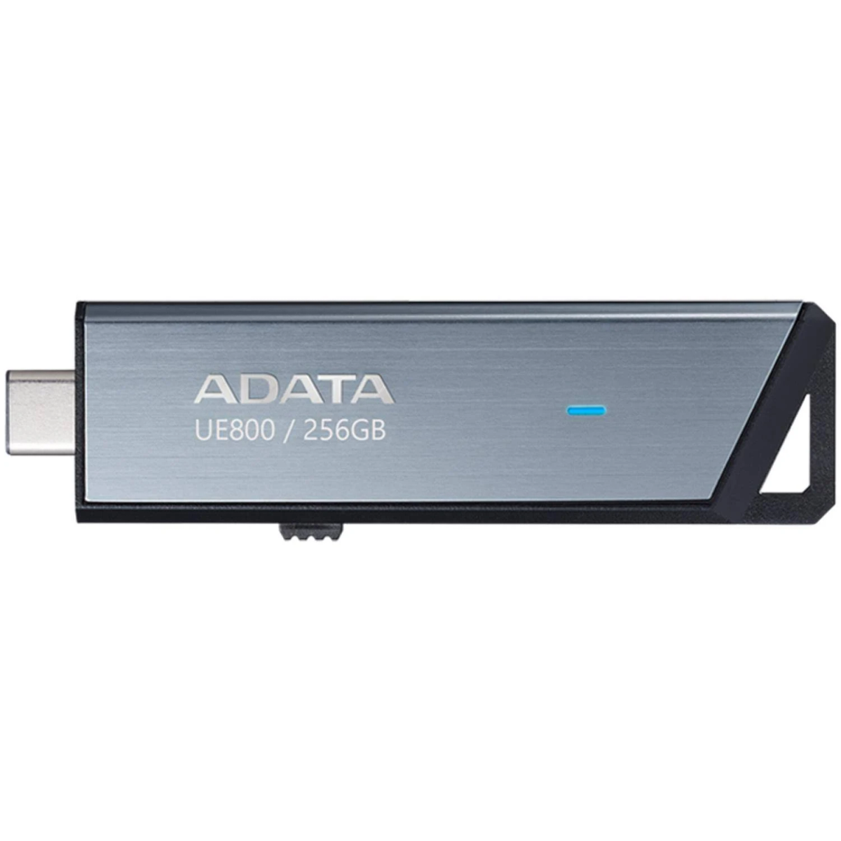 ADATA UE800 256GB USB-Laufwerk. Silber, schwarze Akzente und ein blaues Licht. Weißer Hintergrund.