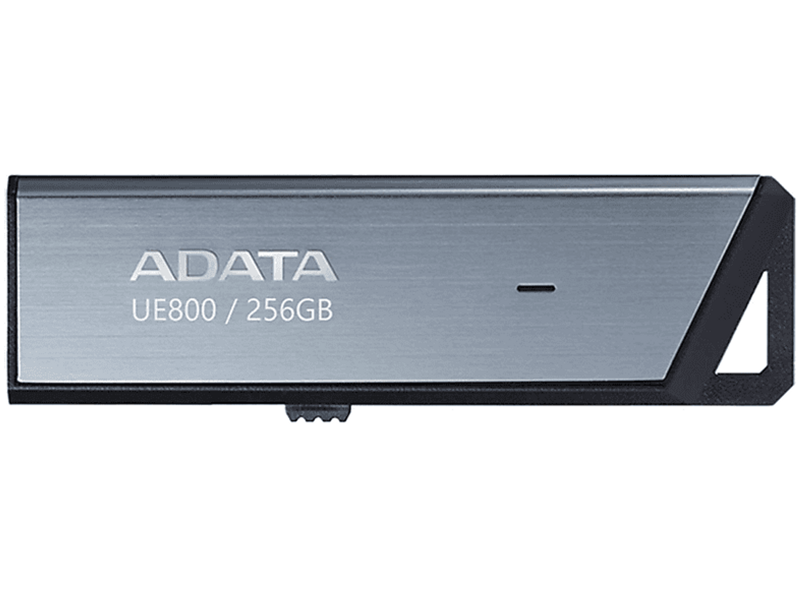 Silberner ADATA UE800 256GB USB-Stick mit schlankem Metall-Design und schwarzem Akzent.