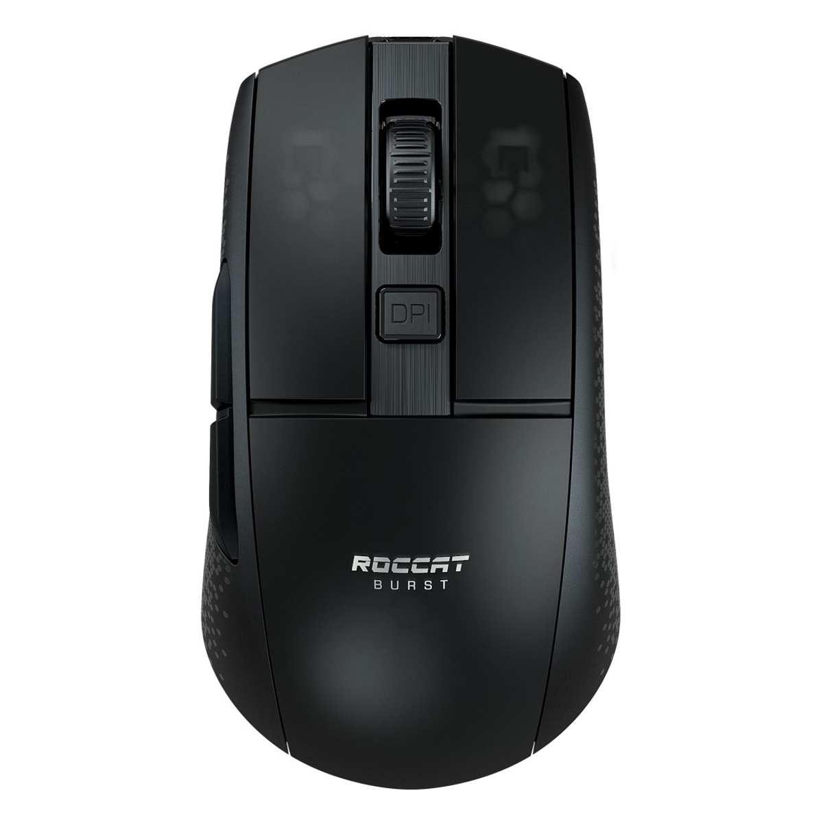 Czarna mysz komputerowa. Kółko przewijania, przycisk DPI. Logo Roccat Burst na dole.