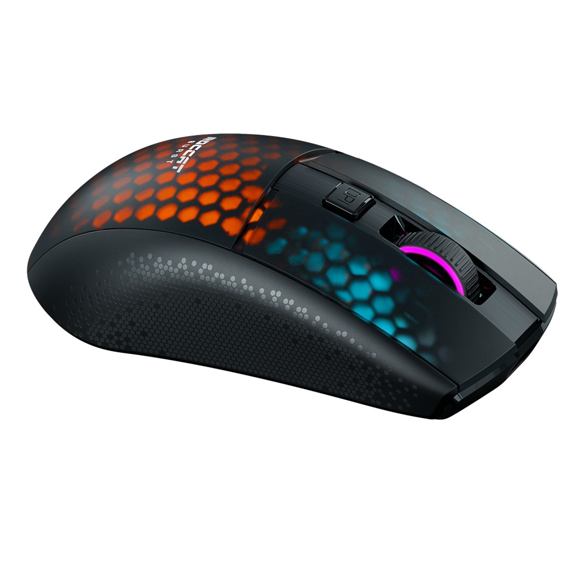 Czarna mysz Roccat z podświetlanym wzorem plastra miodu i kółkiem przewijania.