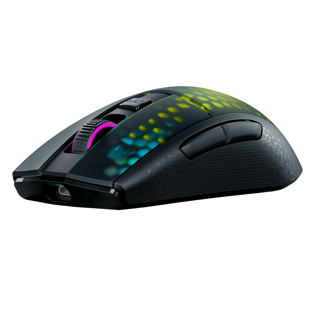 Czarna mysz dla graczy z podświetleniem RGB i różnymi przyciskami.
