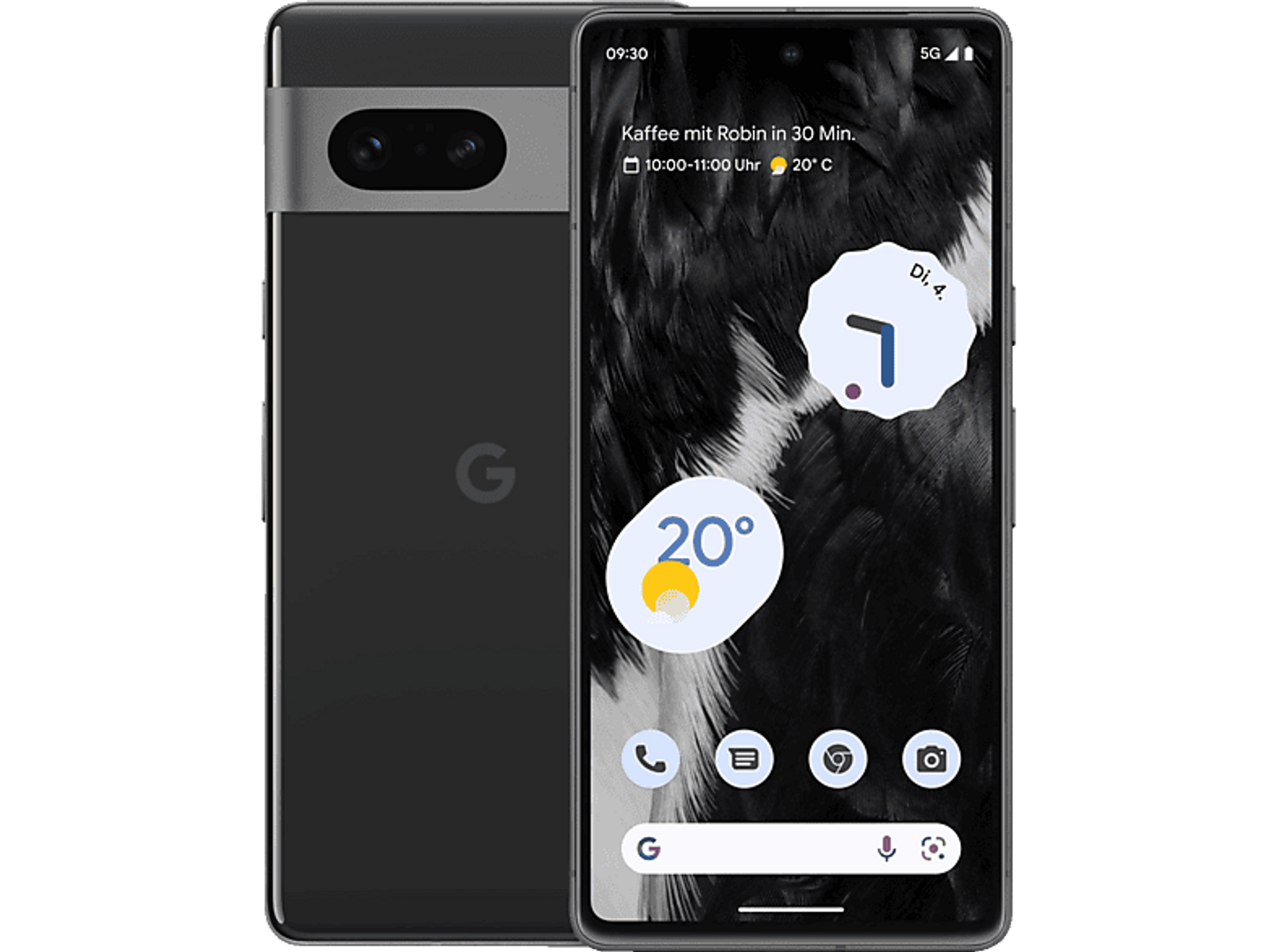 Telefon Google Pixel 7, widok z przodu i z tyłu, wyświetlający czas, pogodę i ikony aplikacji na czarnym ekranie.