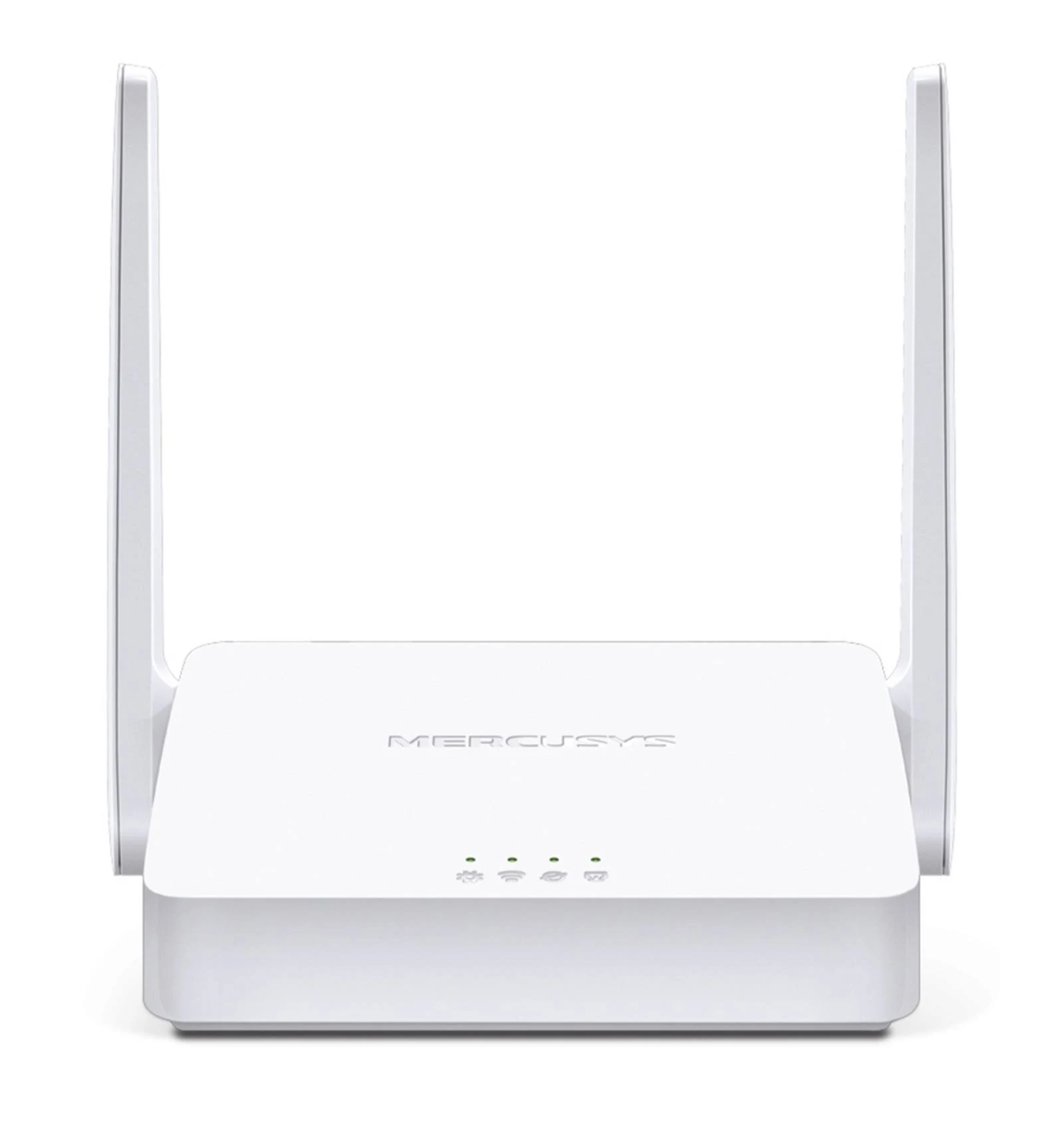 Biały router WiFi Mercusys. Ma dwie anteny skierowane w górę. Trzy zielone diody.