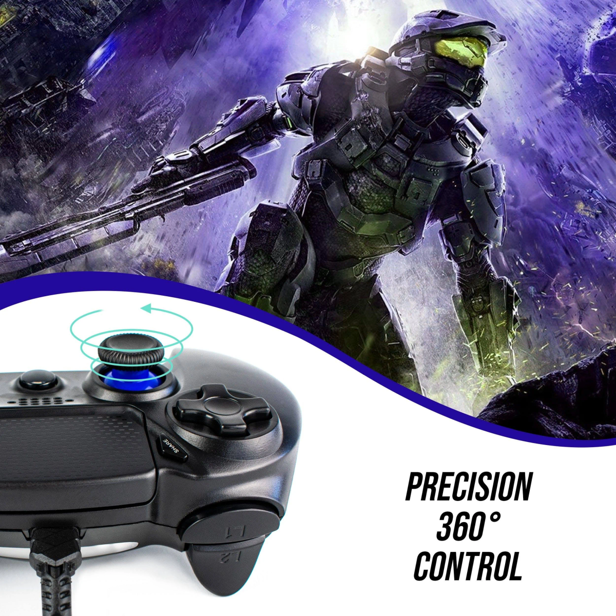 Czarny kontroler z postacią z gry w tle. Tekst: Precyzyjna kontrola 360°.