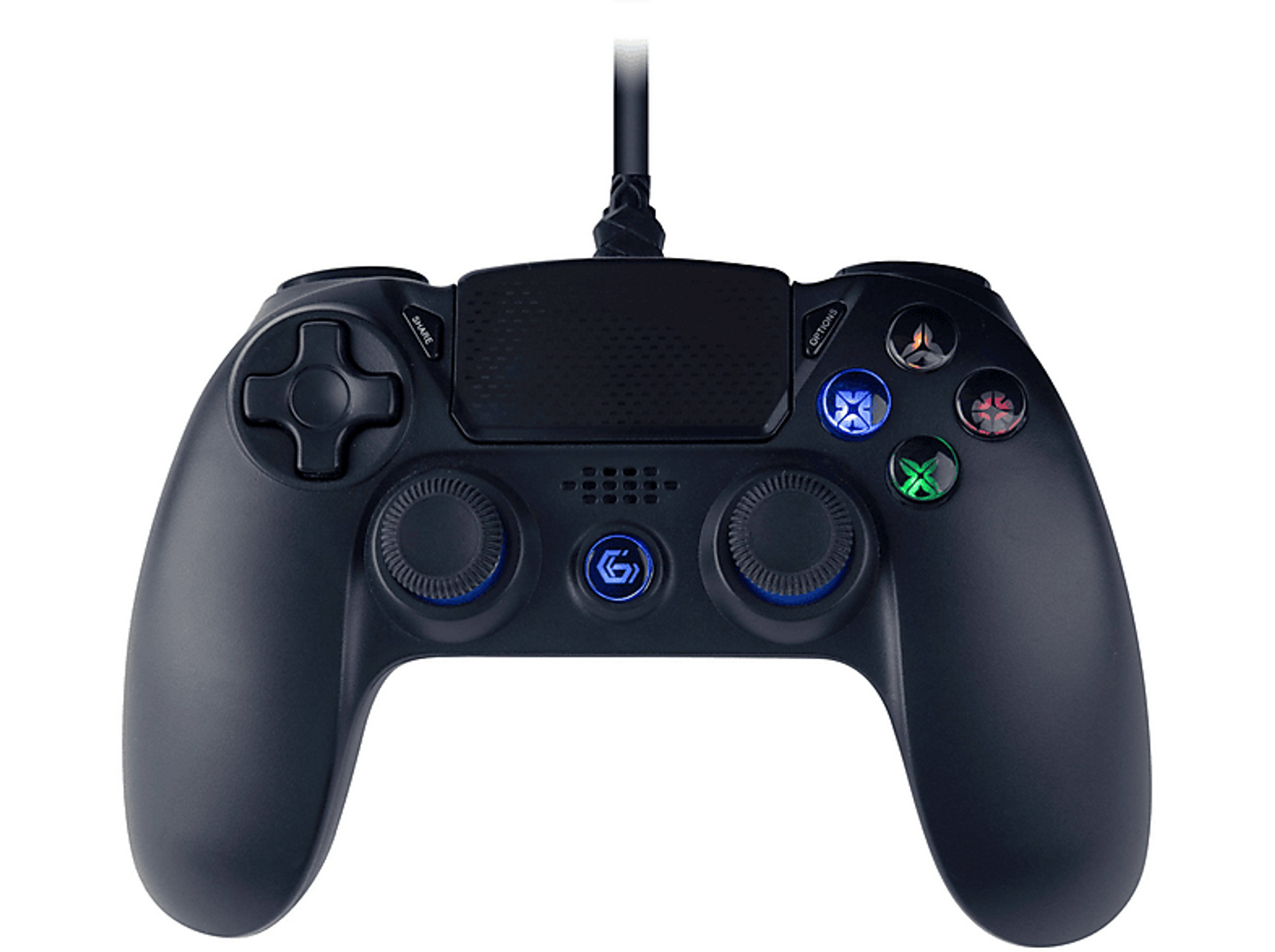 Czarny kontroler do gier z wieloma przyciskami, padem kierunkowym i kablem.