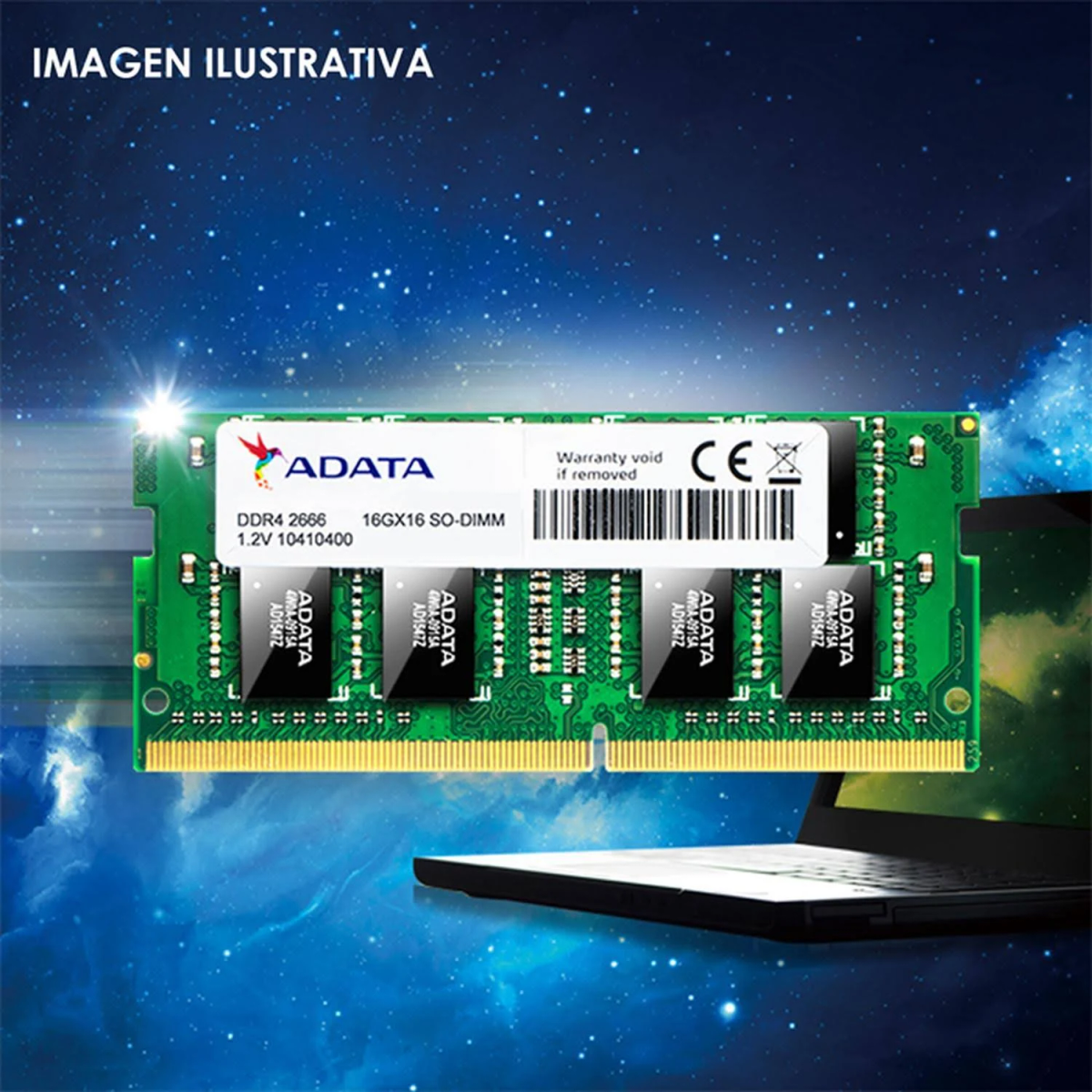 RAM-Speichermodul auf einer grünen Leiterplatte mit Sternenhintergrund. Das ADATA-Logo ist auf dem Modul sichtbar.