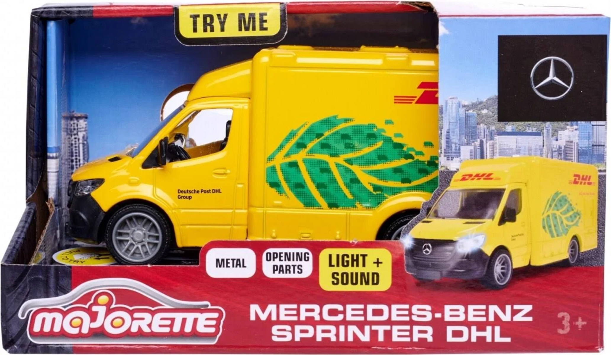 Ein gelber Mercedes-Benz Sprinter DHL Spielzeug-LKW in seiner Verpackung.