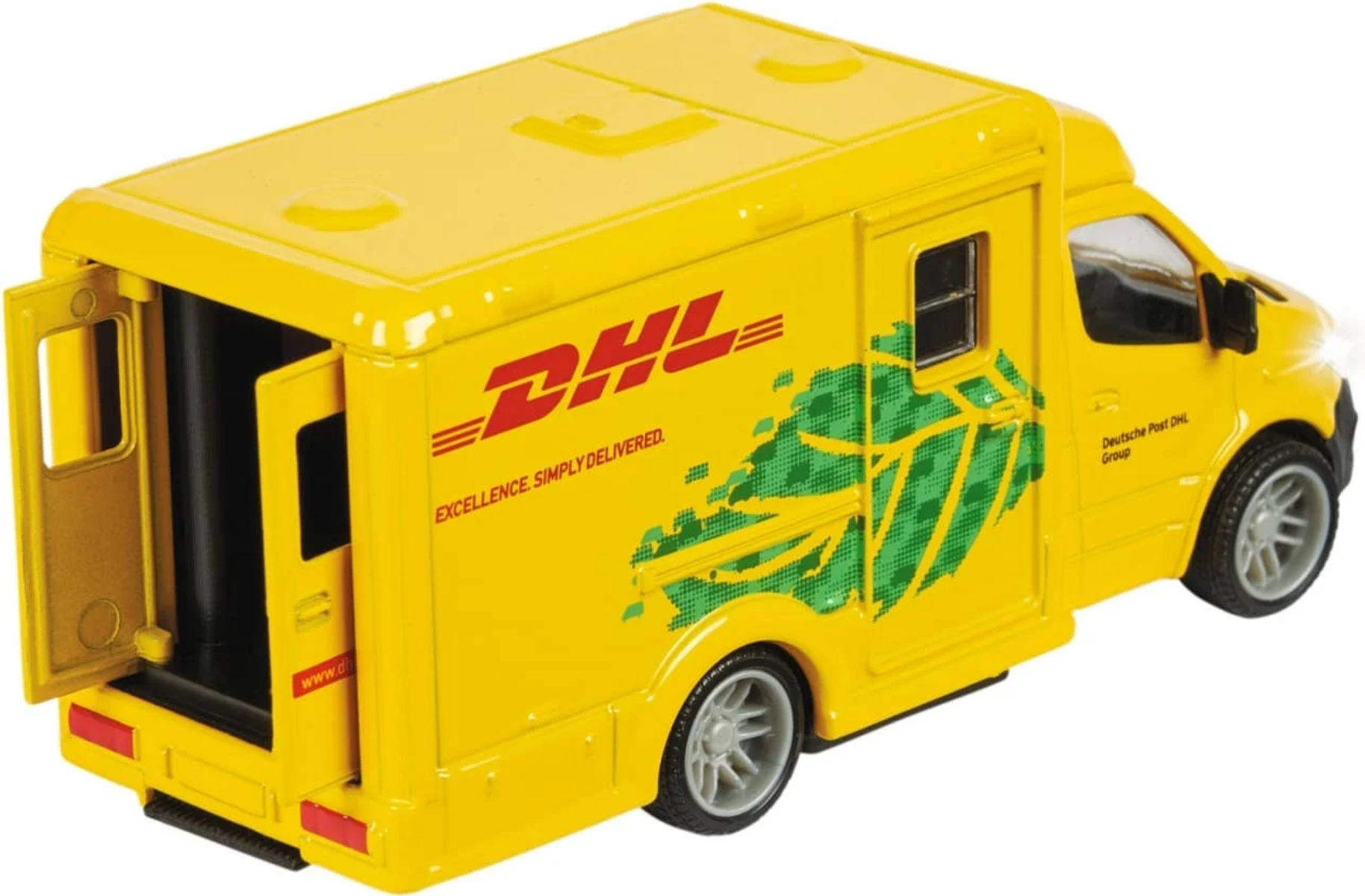 Gelbes DHL-Lieferwagen-Spielzeug mit offenen Türen, das ein grünes Design zeigt.
