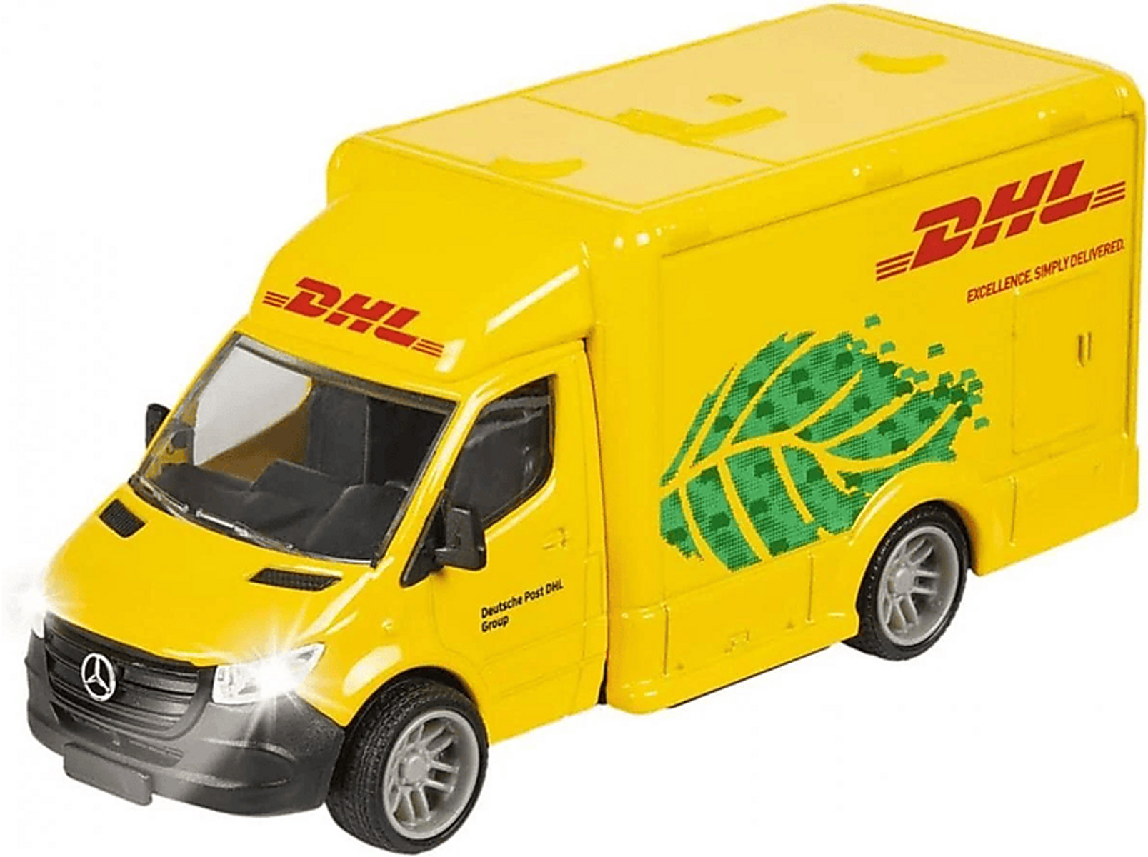 Gelber DHL-Lieferwagen mit DHL-Branding und weißem Hintergrund.