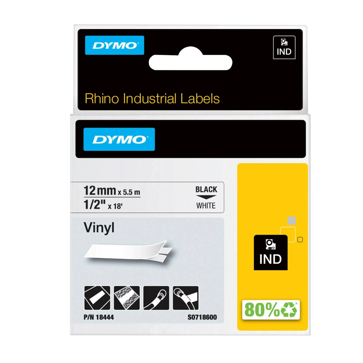 Confezione etichette industriali Dymo Rhino, con dimensioni ed elementi.