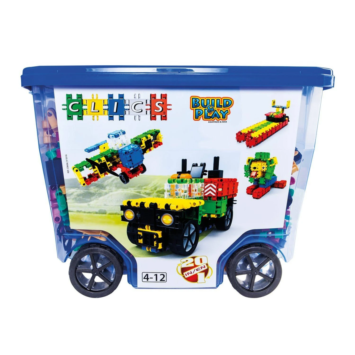 Niebieski pojemnik do przechowywania z klockami. Modele zabawek na pokrywie.