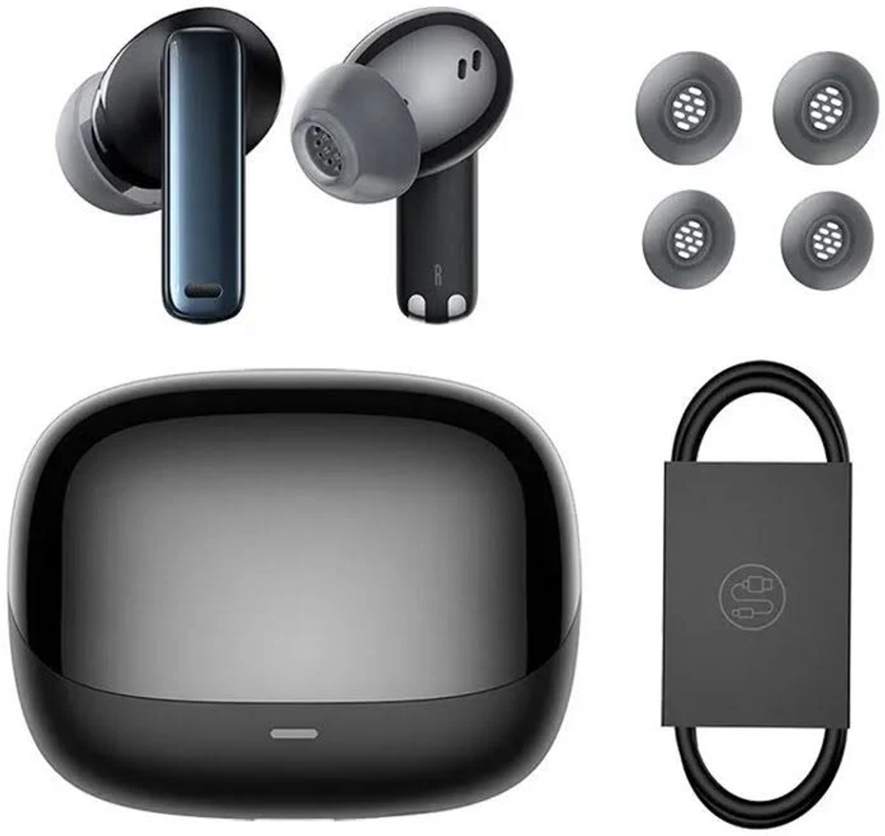 Słuchawki, etui ładujące i dodatkowe wkładki douszne. Czarne słuchawki i etui.