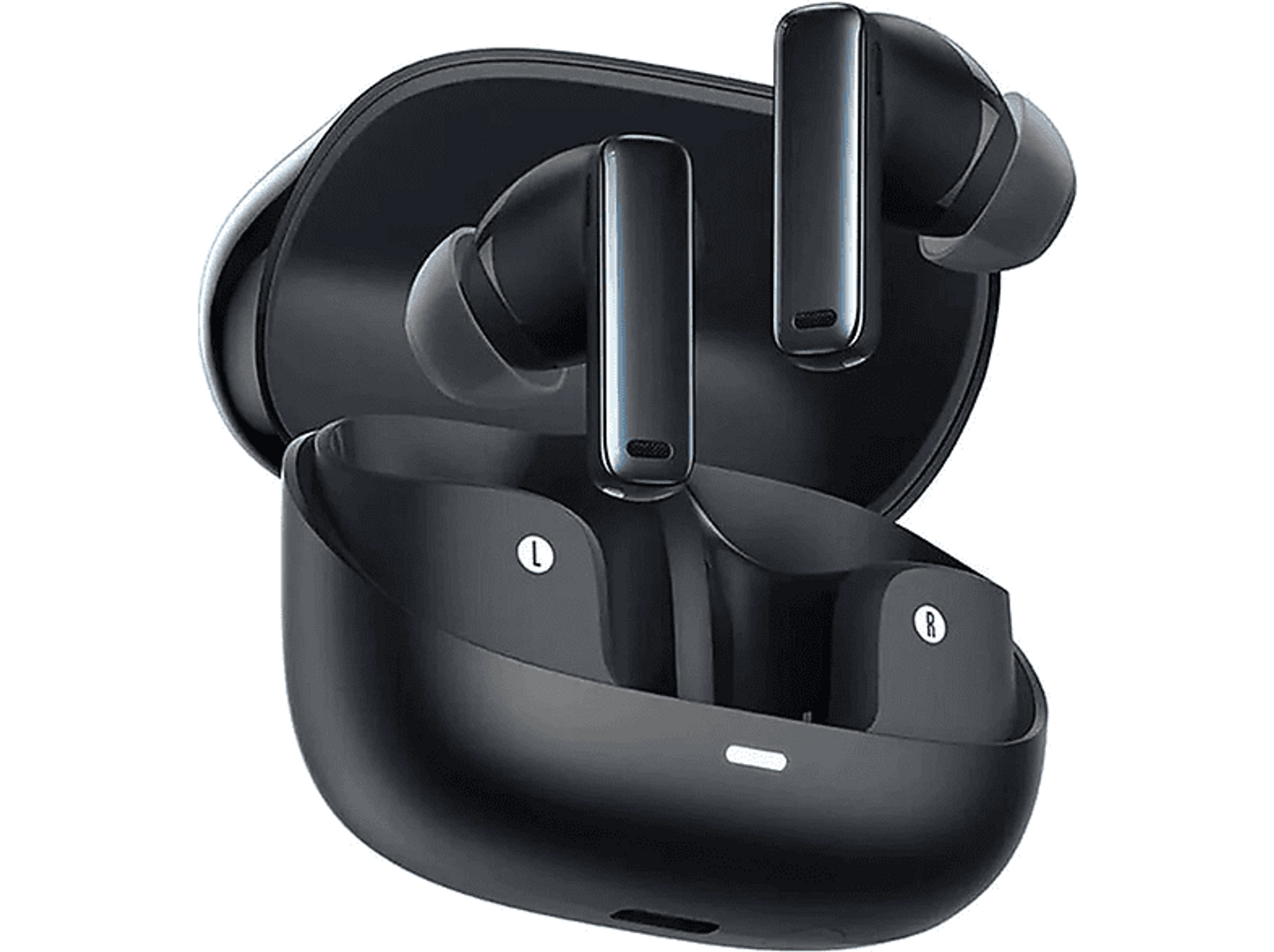 Czarne bezprzewodowe słuchawki douszne i etui ładujące. Etui otwarte, widoczne słuchawki. Białe tło.