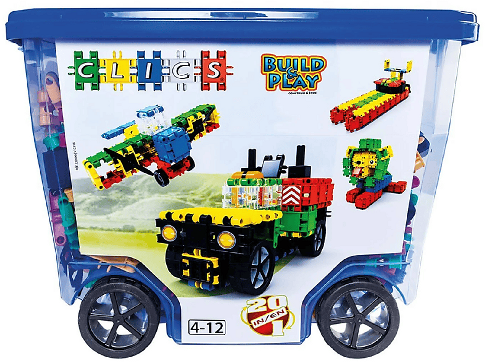 Niebieski plastikowy pojemnik wypełniony kolorowymi klockami, z różnymi zbudowanymi obiektami.