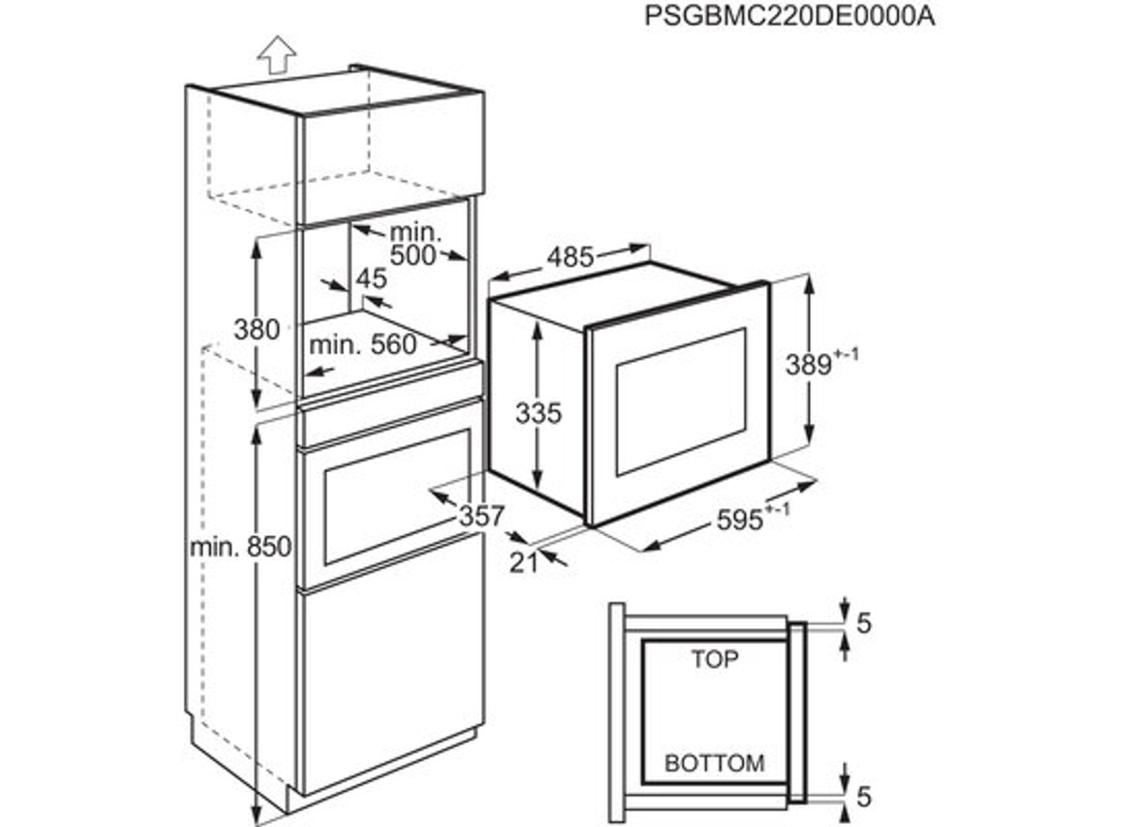 Diagramm eines Einbauofens mit Abmessungen. Weißer Hintergrund.
