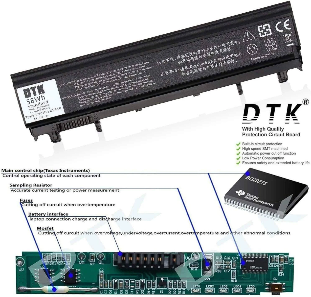 Bateria do laptopa z diagramem komponentów wewnętrznych. Etykiety tekstowe zawierają opisy różnych części, takich jak bezpieczniki, tranzystory MOSFET itp.