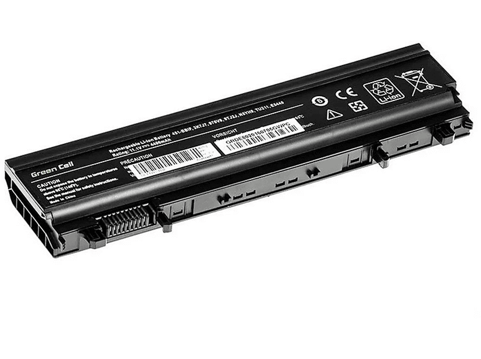 Czarna bateria do laptopa z tekstem, białe tło. Marka Green Cell. Prostokątny kształt. Etykiety ostrzegawcze i informacyjne.