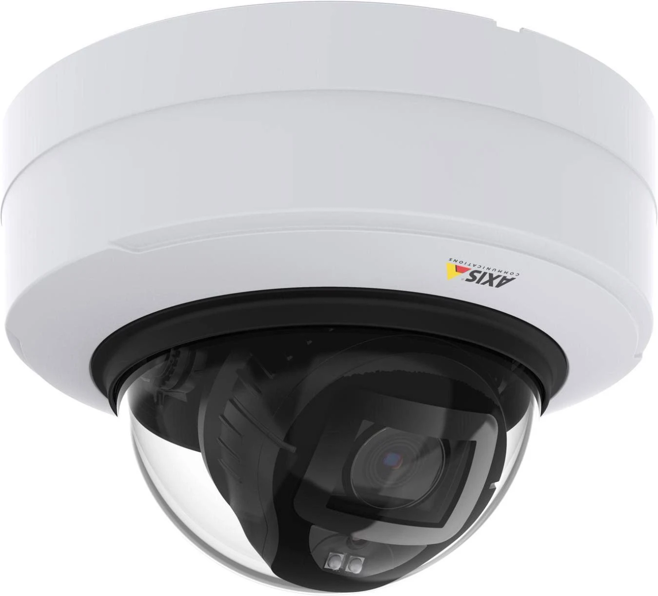 Biała kamera monitoringu z czarną kopułą i obiektywem.